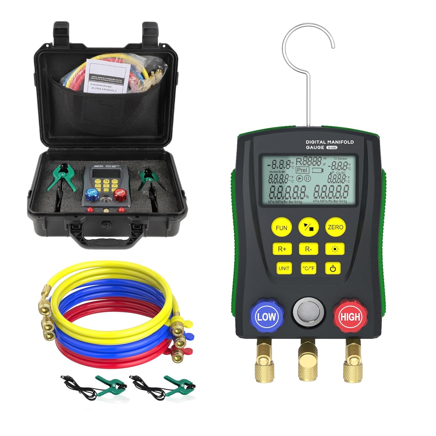 Digital Manifold Gauge Set HVAC 2-Way Valve, R410a R22 Refrigeration Gauges, AC Manifold Gauge with Thermometer Clamps (Upgrad Dual Test Data)