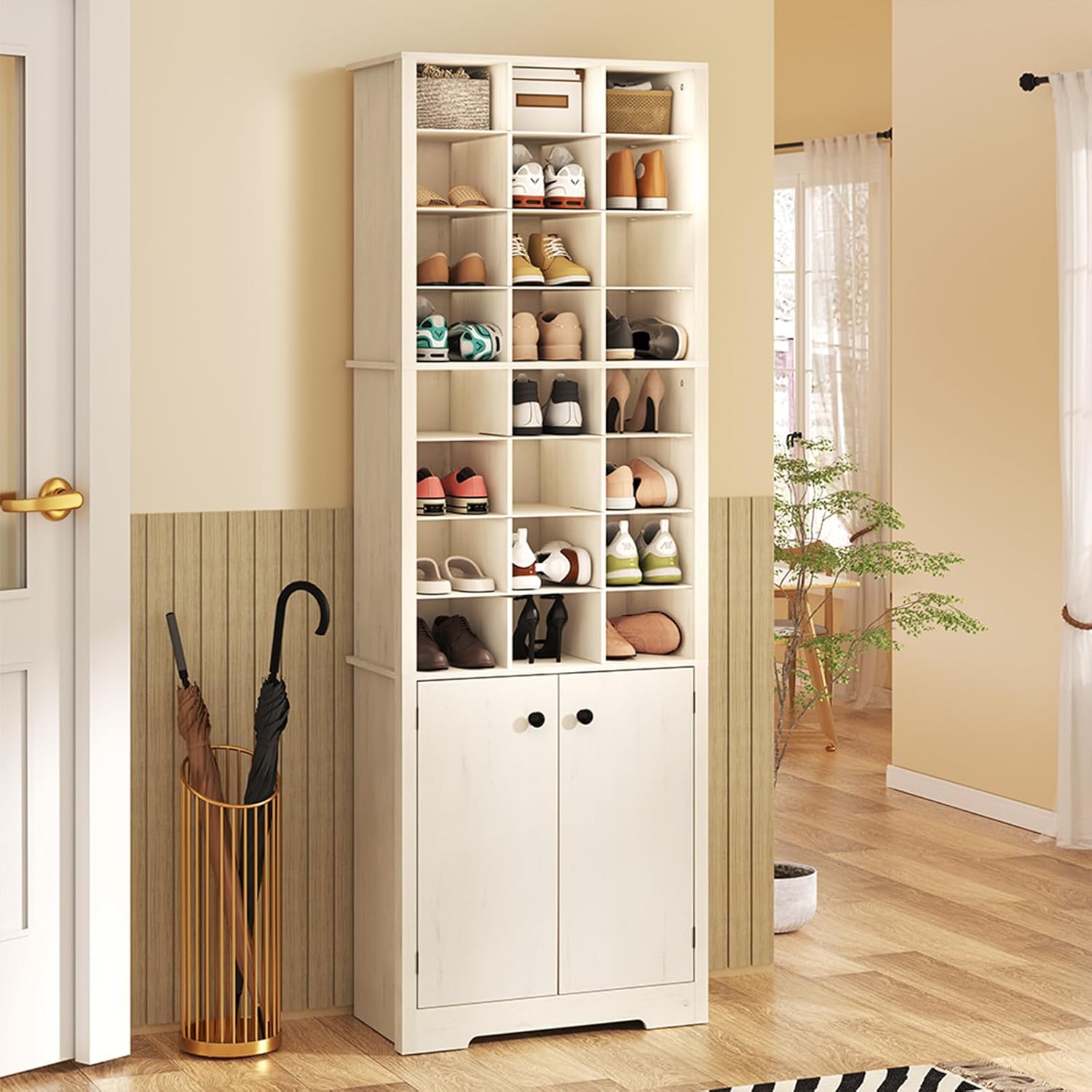 HOMMPA 72'' Beige Tall Shoe Cabinet, Freestanding Tall Shoe Rack with Bottom Cabinet, 8-Tier 24 Cubbies Wooden Shoe Storage Organizer with Adjustable Shelves for Entryway, 13