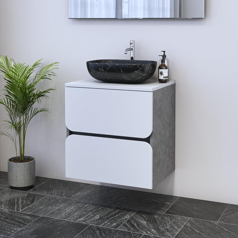 Meble Furniture Azurro 2S 60 Floating Bathroom Vanity - Modern Bathroom Vanity with 18'' Black Vessel - Vanity with Spacious Storage for Bathroom - Contemporary and Unique Bathroom Sink Vanity - White