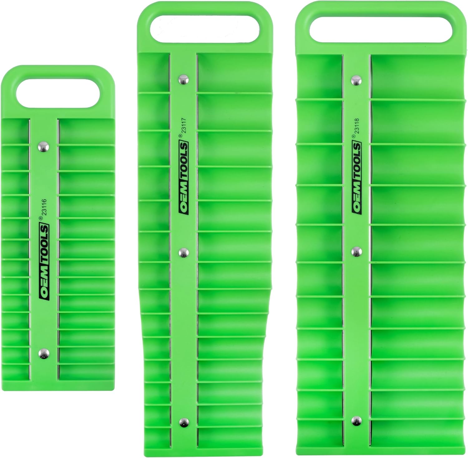 OEMTOOLS 23127 Portable Magnetic Socket Organizer Tray, 3 Pack, 1/4 Inch, 3/8 Inch, And 1/2 Inch Drive Magnetic Socket Holders, Organizers For Tool Box, Shop, Or Garage, Set of 3, Green