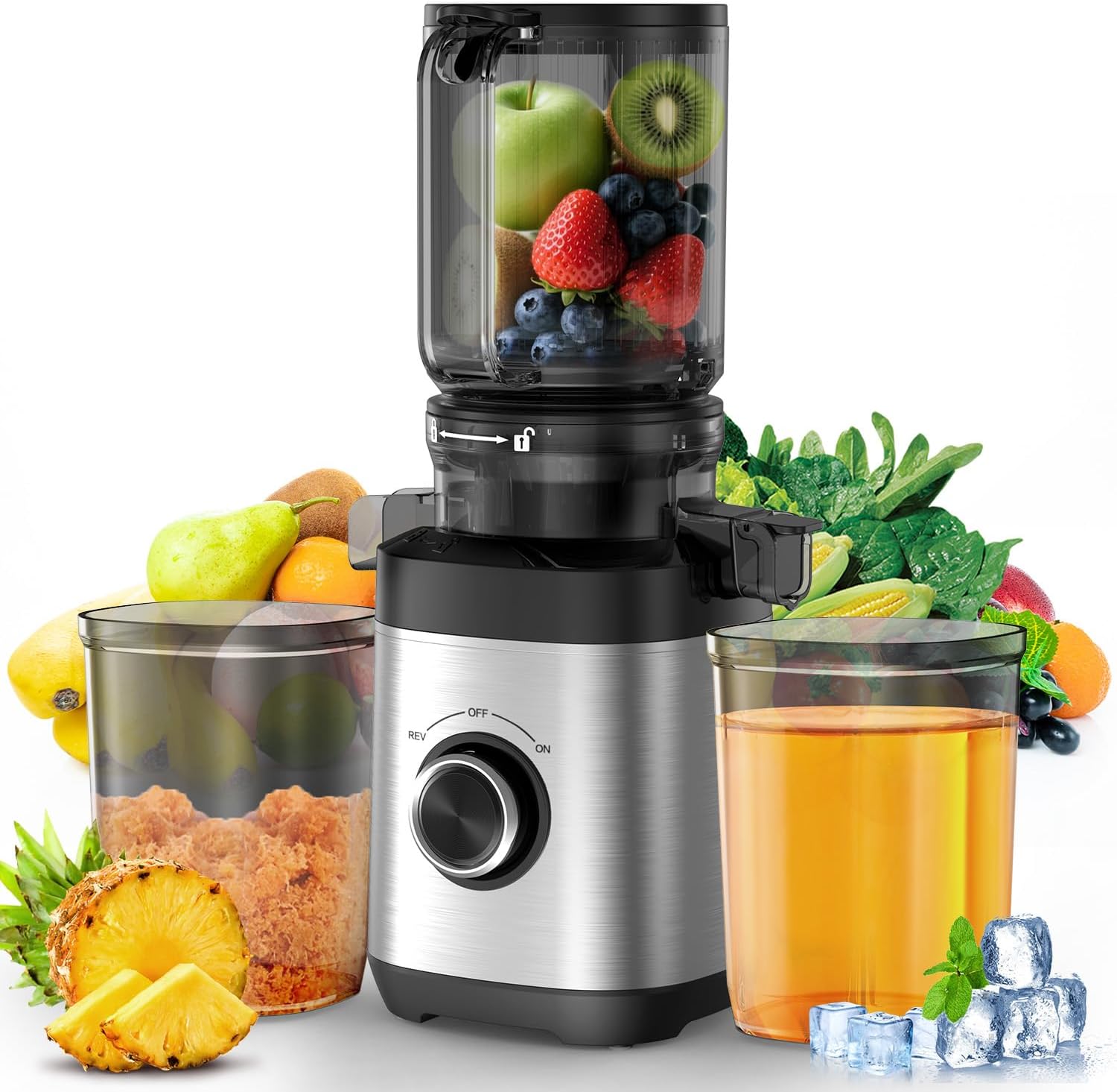 Juicer Machines, Cold Press Juicer Fit Whole Fruits and Vegetables, Slow Masticating Juicers with Wide Feed Chute, High Juice Yield, BPA Free