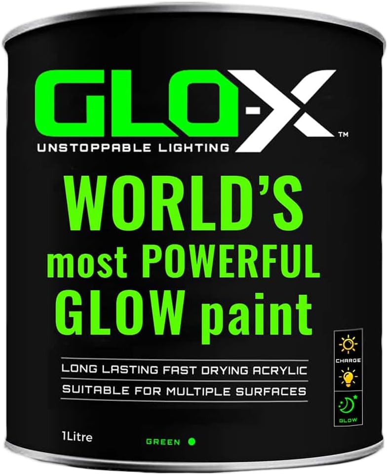 GLO-X Glow in the Dark Spray Paint - Make Indoor and Outdoor Halloween Decorations Glow Neon Fluorescent in the Dark - Metal Plastic Fabric (Green Can (34 fl oz))