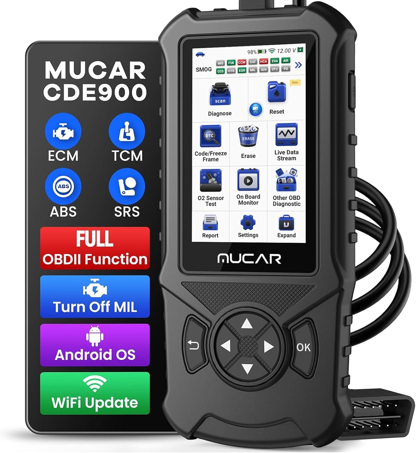 MUCAR CDE900 OBD2 Scanner, Check Engine System Car Code Reader, Automotive Diagnostic Scan Tool with 4 Inches Touchscreen, Cover 106 Brands, FCA Autoauth, Wireless Update