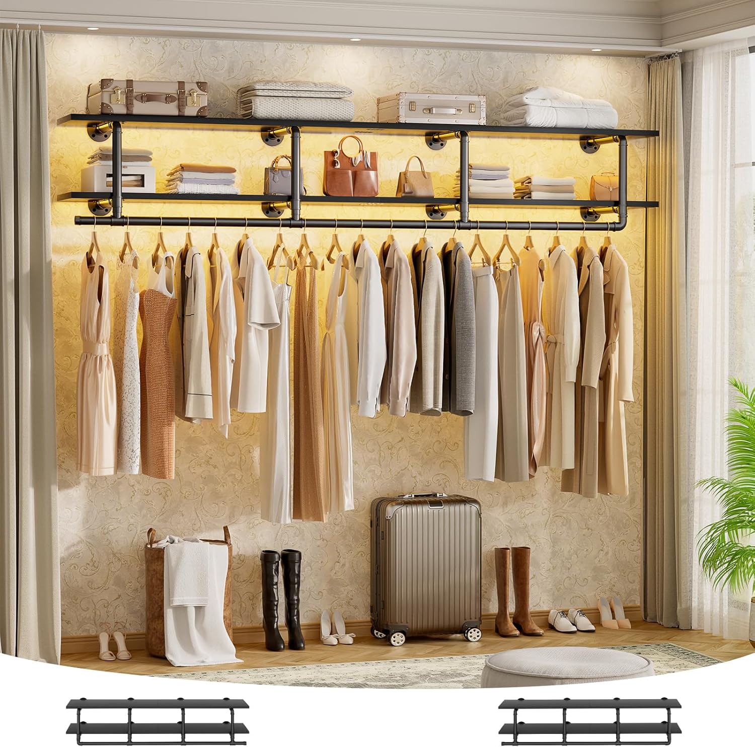Aheaplus Industrial Pipe Clothes Rack with Top Shelf, 59In Space-Saving Wall Mounted Clothing Rack, 2 Tiers Heavy Duty Pipe Clothing Shelves with Hanging Rod for Laundry Room, Closet Storage, Black