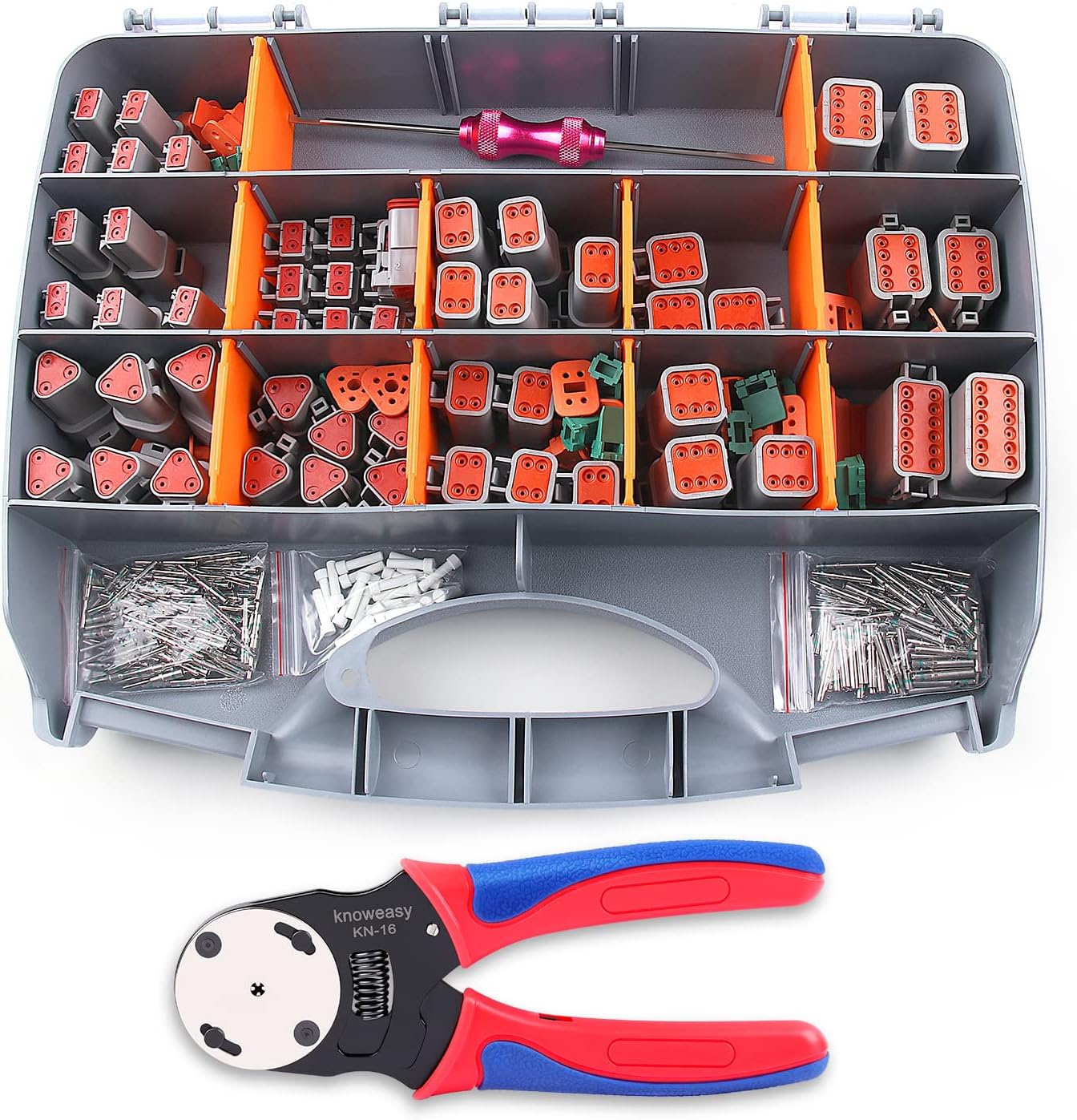 Knoweasy 338pcs DT Deutsch Connector Kit - 2/3/4/6/8/12 Pin Connectors, Deutsch Crimping Tool, Removal Tool, Waterproof Automotive Electrical Connector