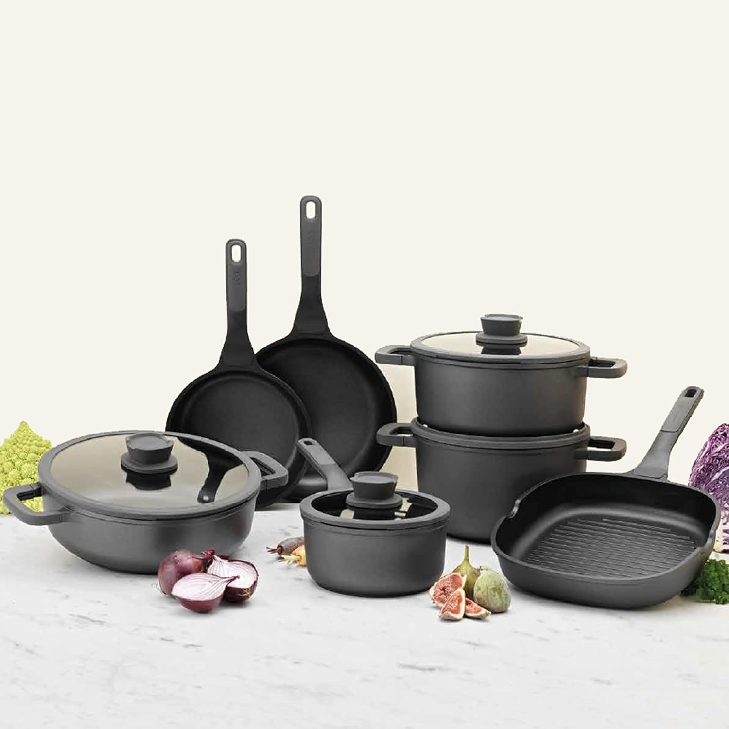 BergHOFF Stone 11Pc Nonstick Cookware Set With Glass Lid, Ferno-Green, Non-Toxic Coating, Stay-cool Handle, Silicone Cover, Spoon Rest, Induction Cooktop