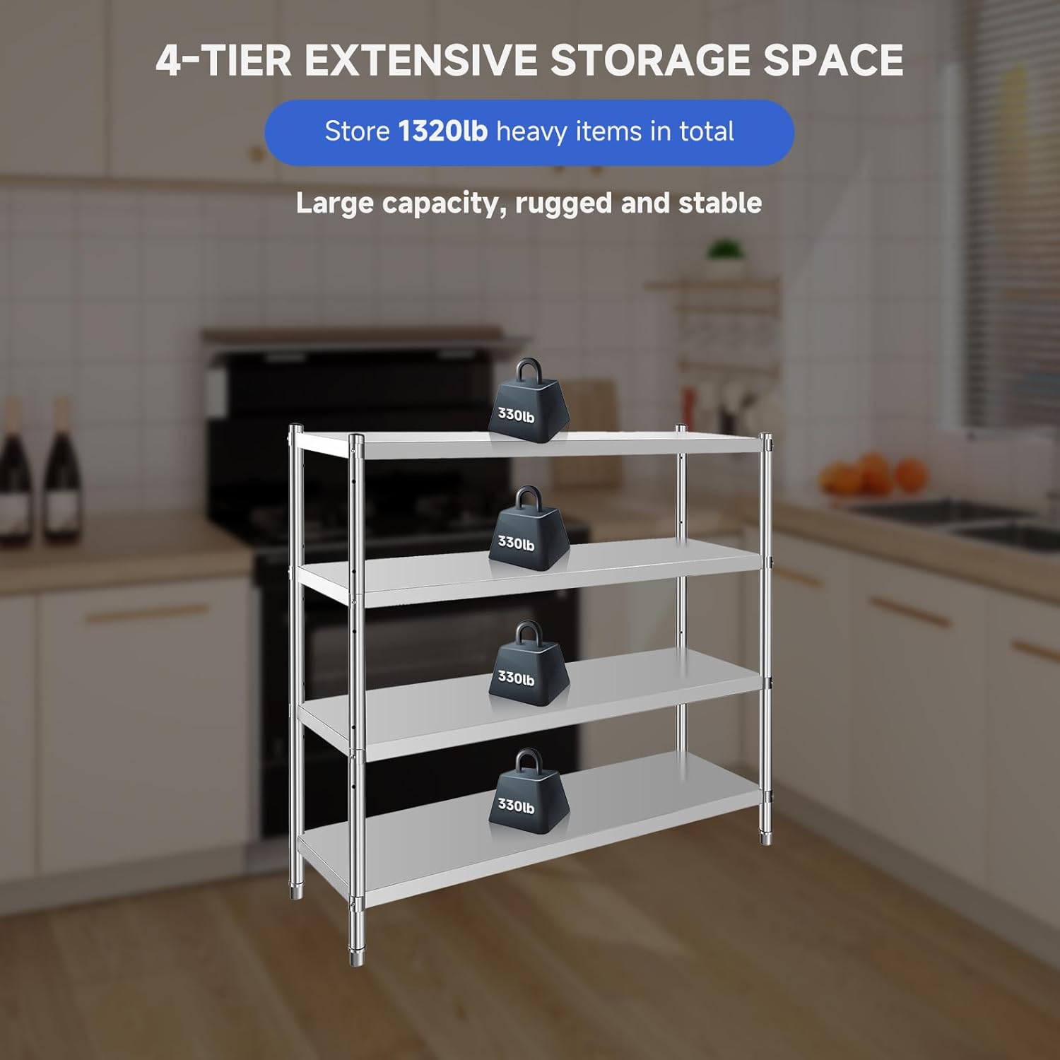 Garvee Stainless Steel Shelves,16x31x53 in Storage Shelf 4-Tier Heavy Duty Adjustable Shelf Unit with Wheels Side Baffles for Kitchen Garage Office Restaurant Warehouse,330 LB Per Shelf