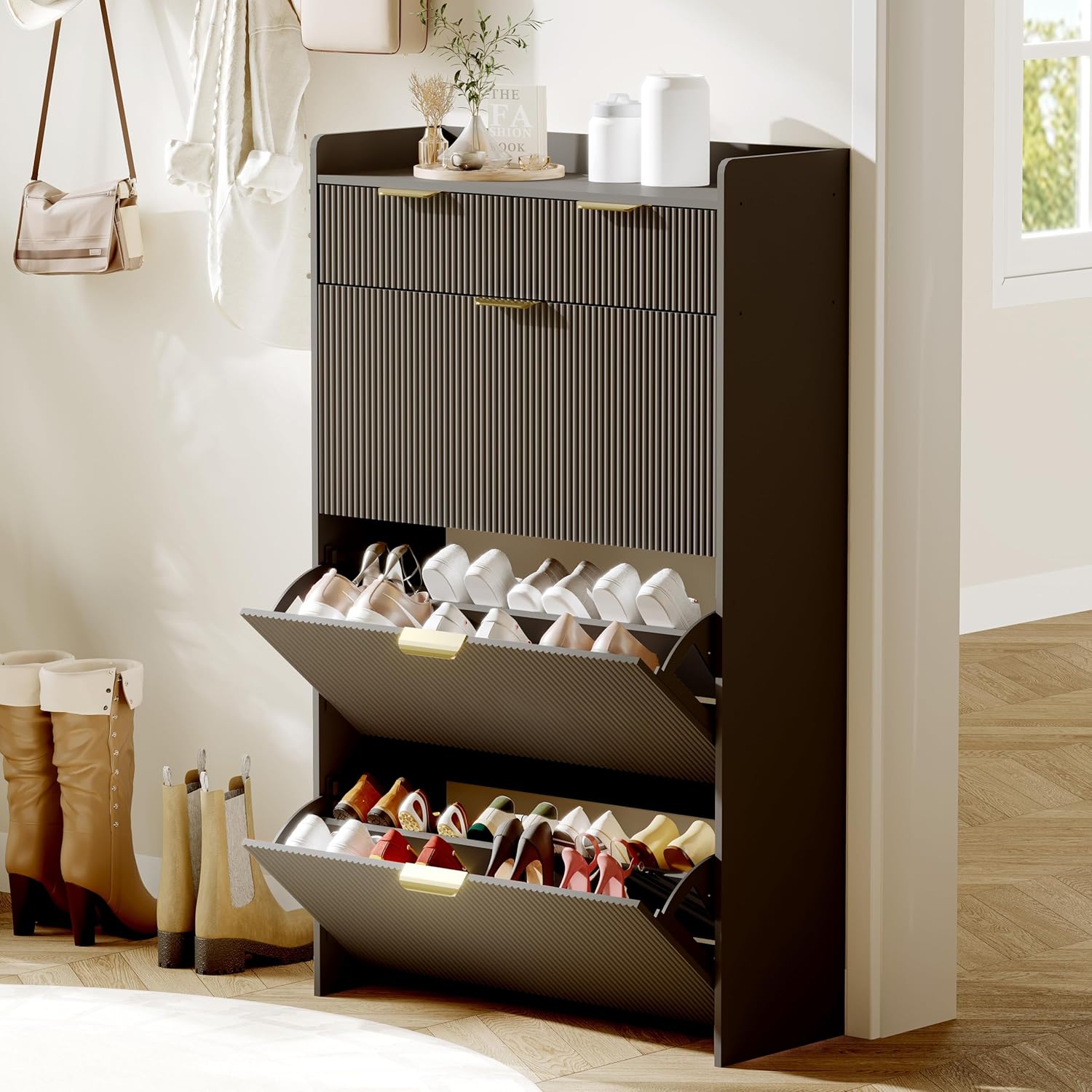 GarveeHome Wave Design Shoe Cabinet with 2 Flip Drawers, a Drawer, Fluted Shoe Cabinet Modern Narrow Shoe Storage, Wooden Shoe Organizer with Large Capacity, Hidden Shoe Racks for Entryway, Wood