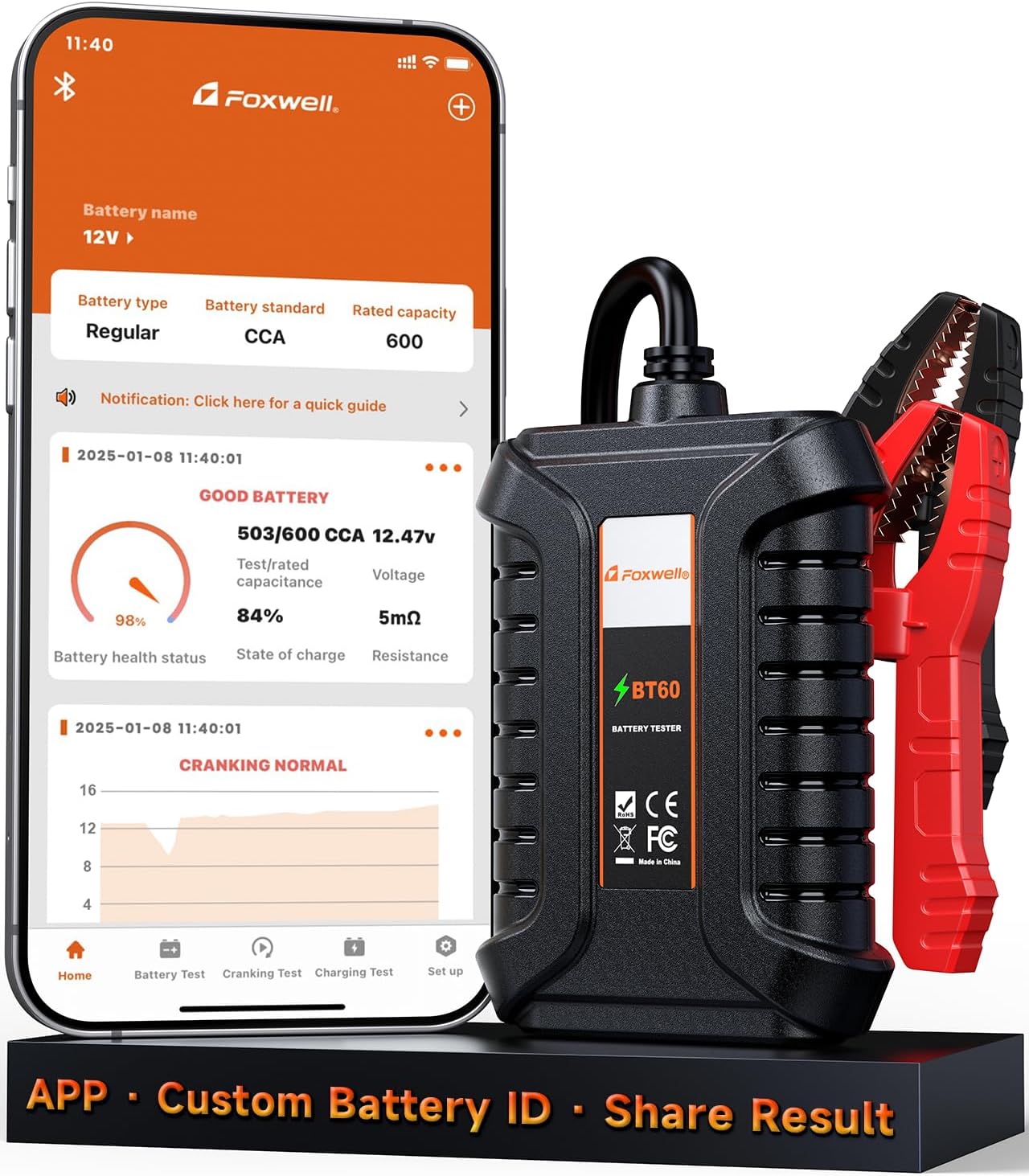 FOXWELL BT60 Car Battery Tester, 12V Bluetooth Battery Load Tester, Cranking Charging System Analyzer Fit for Android/iPhone, 100-2000CCA Alternator Tester for Car, Motorcycle, SUV, Pickup Truck & RV
