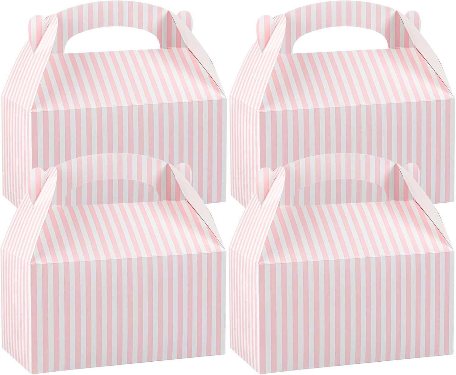 Restaurantware Bio Tek 9.5 x 5 x 5 Inch Gable Boxes For Party Favor, 100 Striped Gift Boxes - Clear Window, Built-In Handle, Pink And White Paper Barn Boxes, Disposable, For Parties