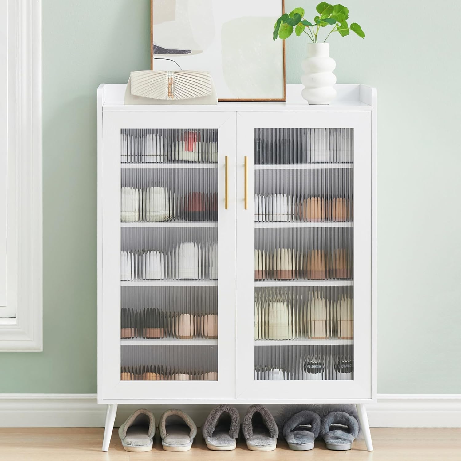 IDEALHOUSE Shoe Storage Cabinet with Glass Doors, 5-Tier Shoe Cabinet with Sturdy Support Legs, Shoes Rack Organizer Cabinet for Entryway, Front Door, White