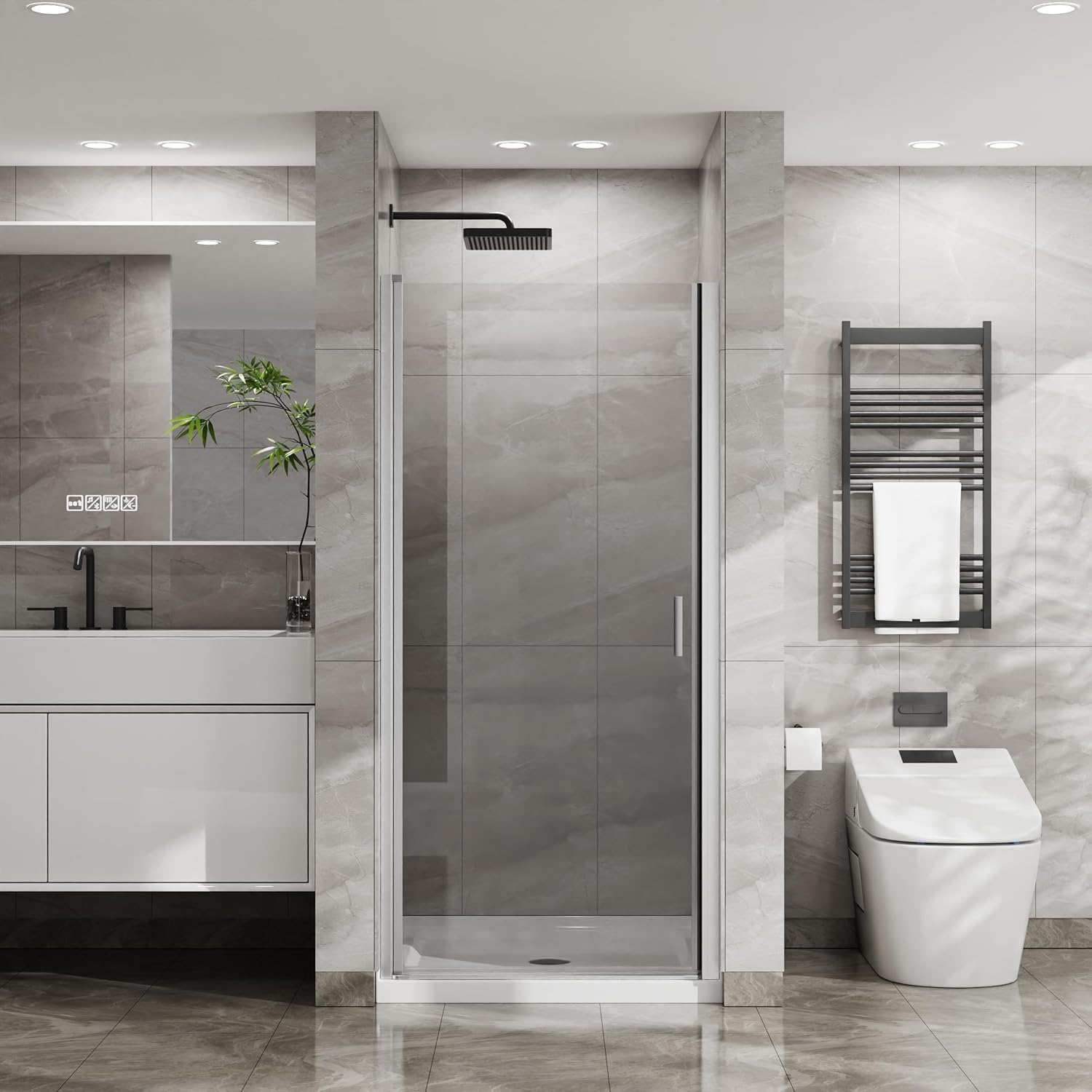 34x72-Inch Semi-Frameless Pivot Shower Door, 1/4-Inch Tempered Glass, Frameless Design, Bathroom Glass Door, Easy Installation, Chrome Plated (Chrome, 34 * 72