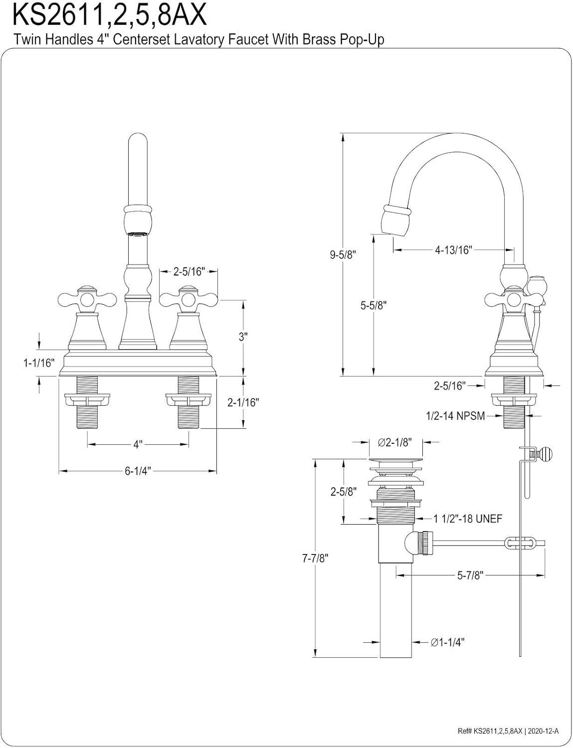 Kingston Brass KS2618AX Governor 4-Inch Centerset Lavatory Faucet with Brass Pop-Up with Metal Cross Handle, Brushed Nickel