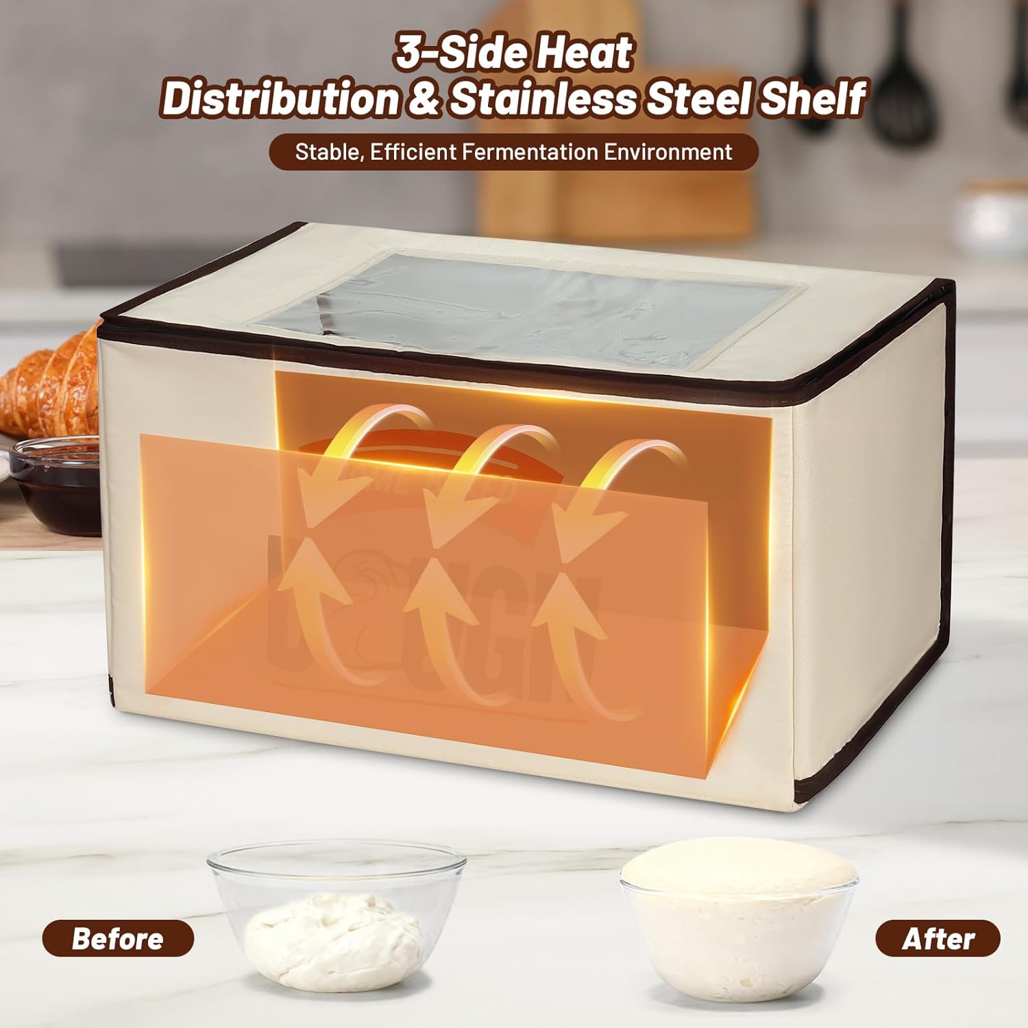 Upgraded Folding Bread Proofing Box with 3-Sided Heating, Built-in NTC Sensor & Precise 68-104°F Temp Control, 48H Timer, Metal Rack –Family-Size Dough Proofer for 2 Loaves, Sourdough & Pizza