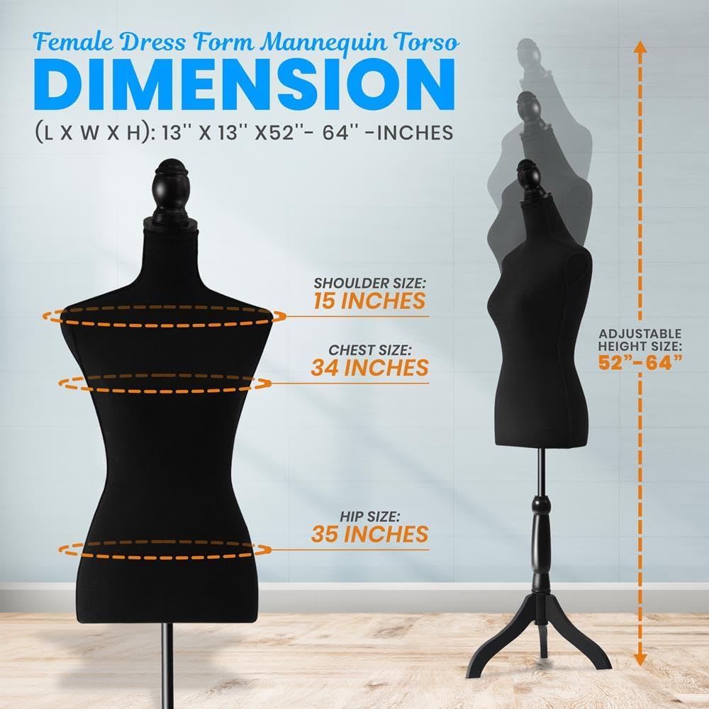 SereneLife Female Dress Form Mannequin Torso – Black Half Body Display with Adjustable 52–64 Inch Tripod Stand Lightweight Foam Body Jewelry Clothing Sewing Dress Display for Stores and Home Design