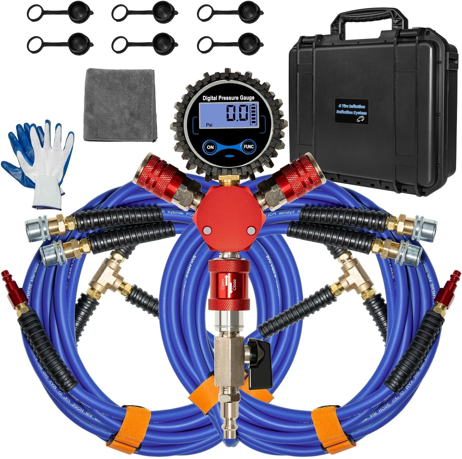 MILADO 4 Way Tire Inflator, 4 Tire Inflation Deflation System, 4 Tire Air Up Down System, Off Road Tire Inflator with Gauge, Air Down Tire Deflators Kit for Trucks Jeeps Fits Up to 125