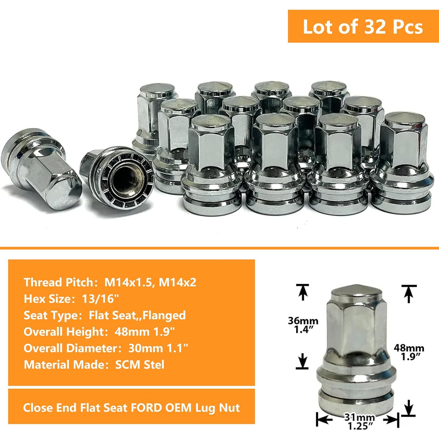 Set of 32 14x2.0mm Lug Nuts, Hunting Horse 1.9 Inch Tall Inch 13/16