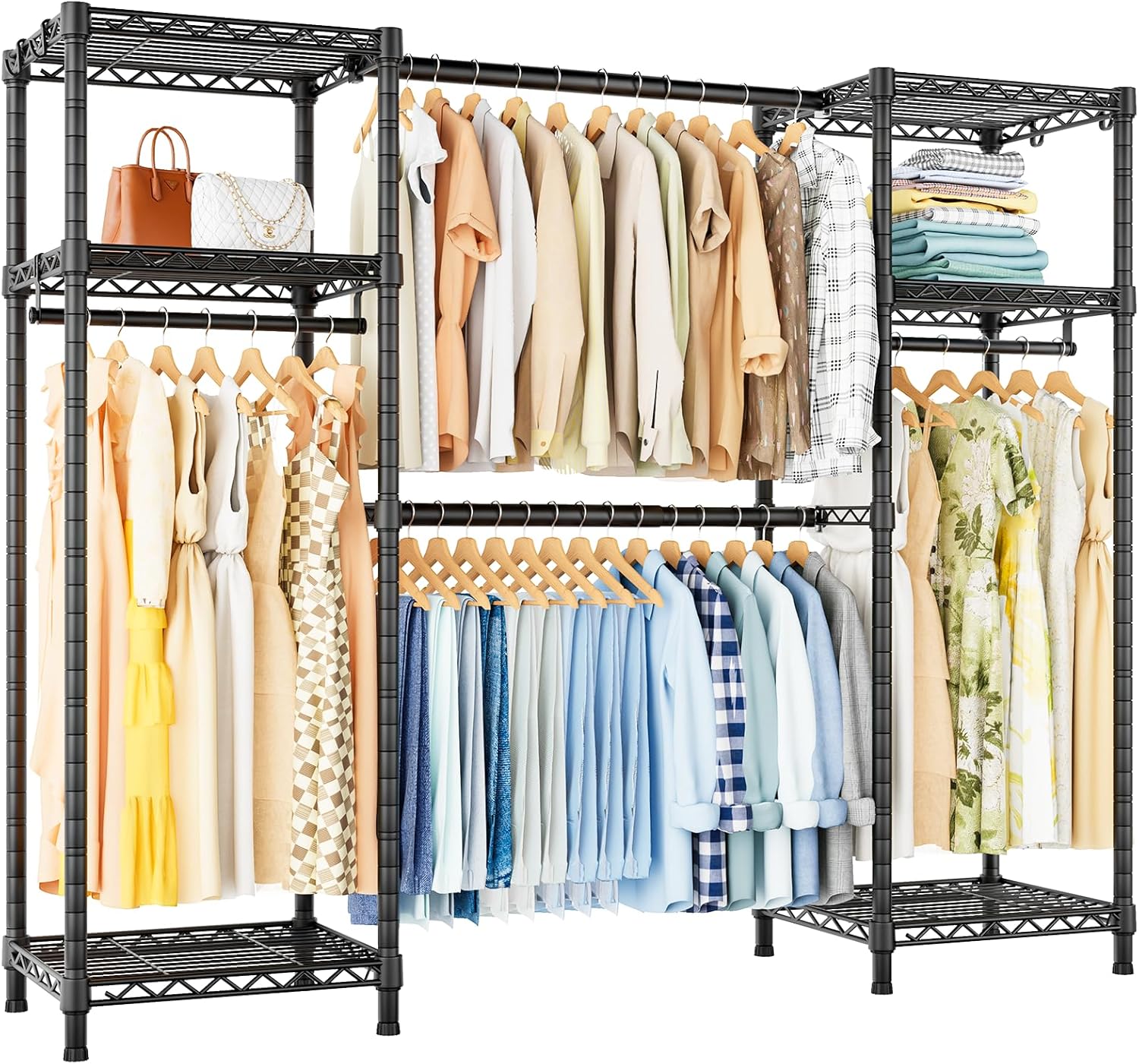 Ulif E7 Garment Rack, Heavy Duty Clothes Storage System with Extendable Hangers Rods, Metal Clothing Rack with 6 Wire Shelves, (52.3