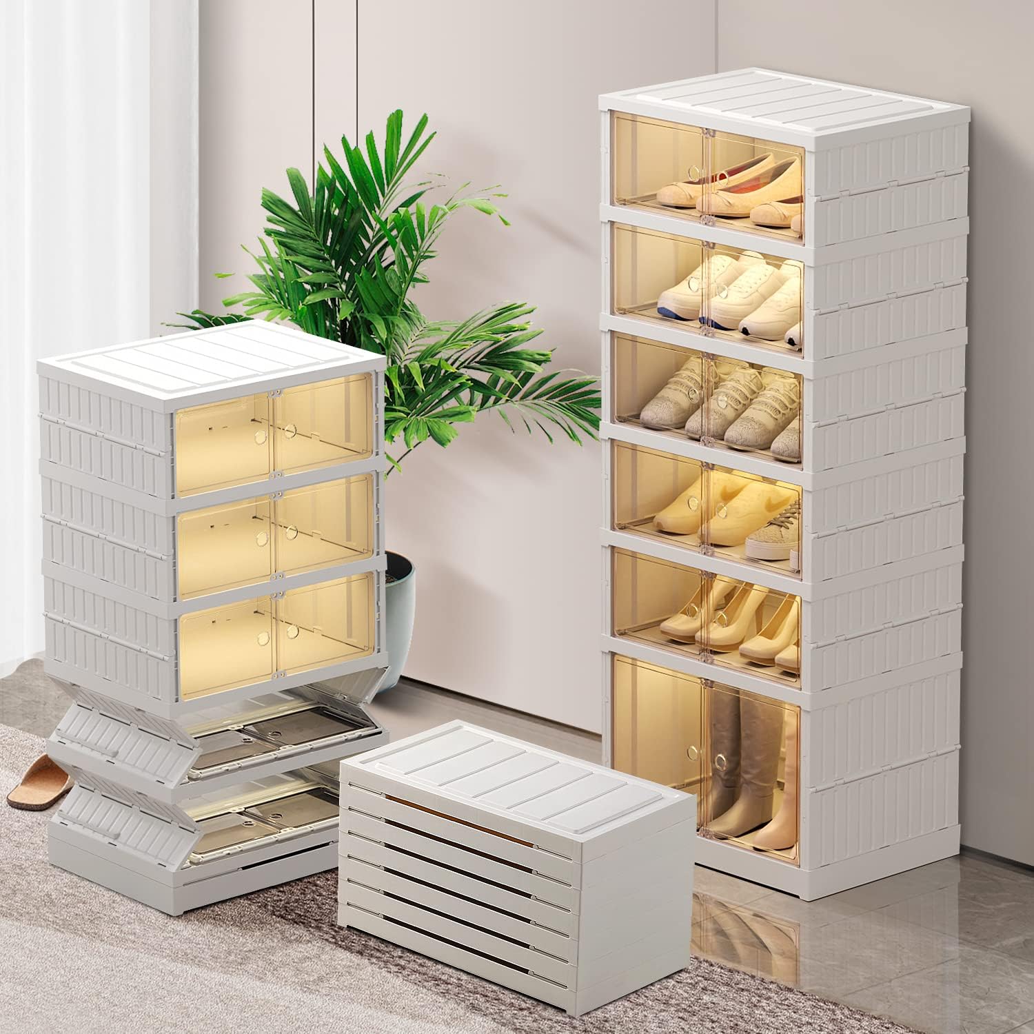 6-Tier Foldable Shoe Rack Organizer for Closet 24Pairs Plastic Shoe Shelf Collapsible Shoes Storage Box Clear Shoe Boxes Stackable with Door Easy Assembly Shoe Cabinet with Lids Large
