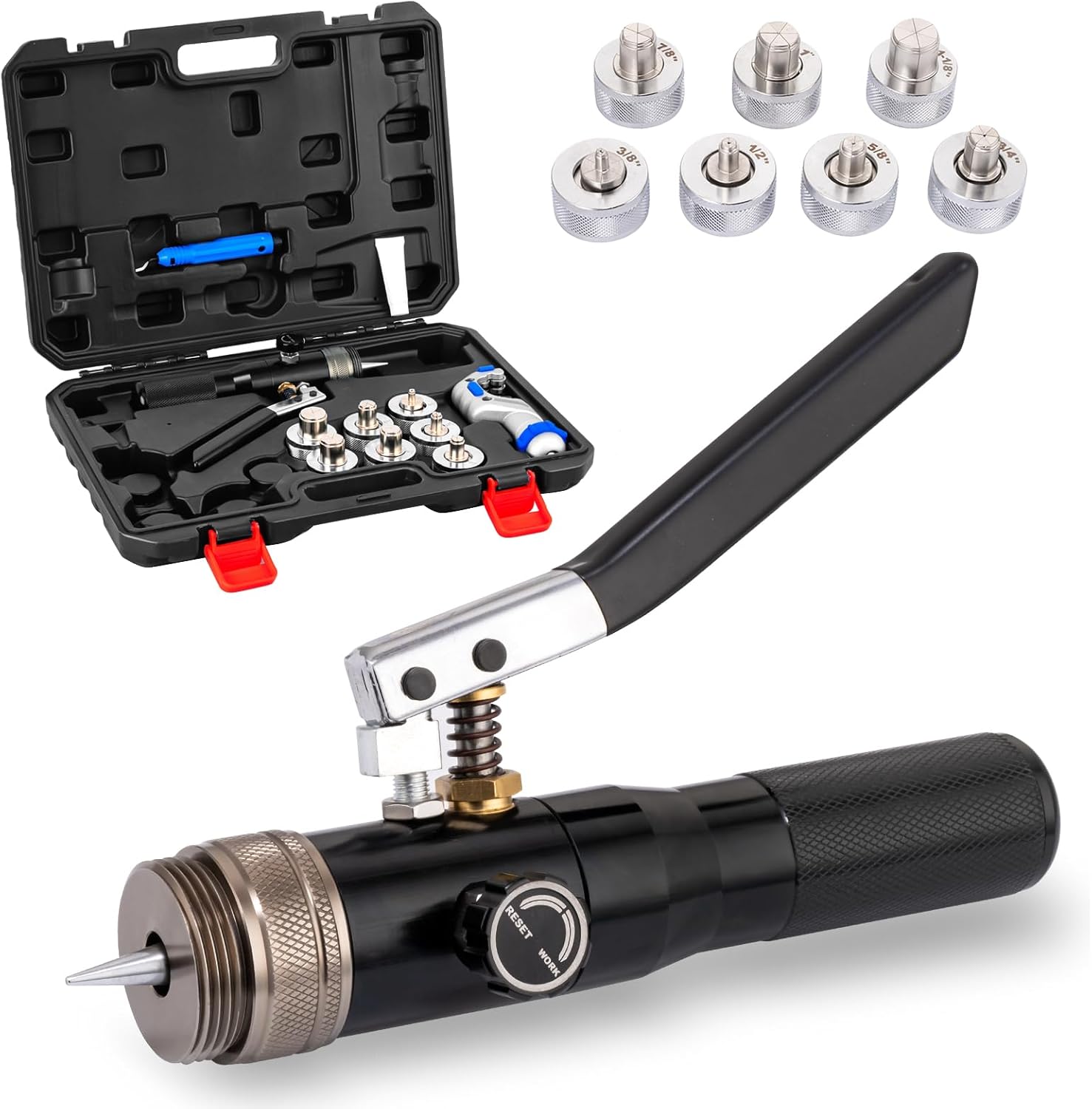 HVAC Swaging Tool Kit – Hydraulic Tube Expander for Copper Pipes, Compact Swage Tool with Tube Cutter, Deburring Tool & 7 Expander Heads (3/8”–1-1/8”) – Black