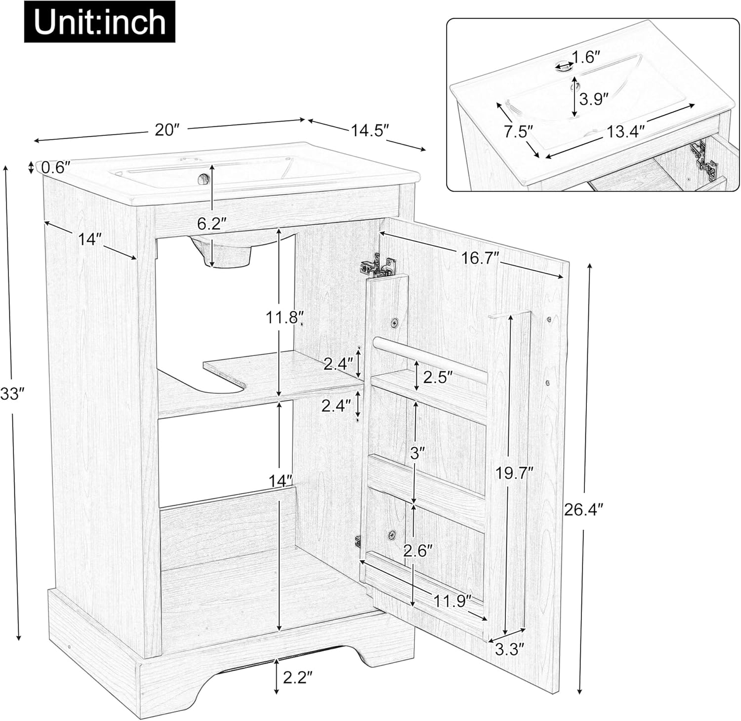 20 inch Bathroom Vanity with Sink, 20 inch Bathroom Vanity with Soft Closing Door, Small Bathroom Vanity with Sink with Storage Rack and Adjustable Shelve, Natural