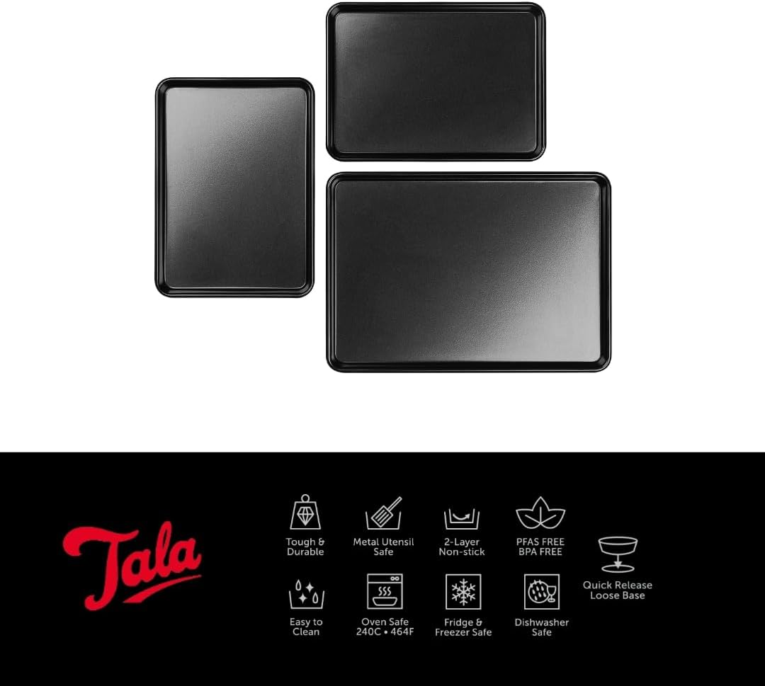 Tala Performance Baking Tray Set of 3, Professional Baking Trays for Oven Non Stick, Steel Oven Tray for Cooking & Roasting - 34.5x24.3x2.1 cm Tray & 26.6x19.3x2.1 cm Trays