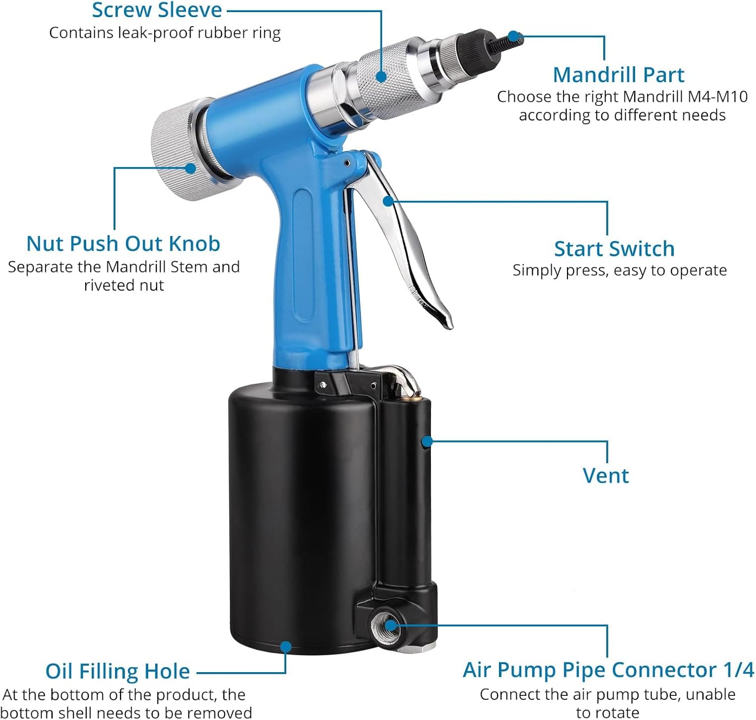 AUTOUTLET Heavy Duty Pneumatic Rivet Nut Gun with 100PCS Rivet Nuts, Thread Setter Kit with 5pcs Metric Mandrels for Body Panels, Bicycle Attachments, Furniture and Decorations