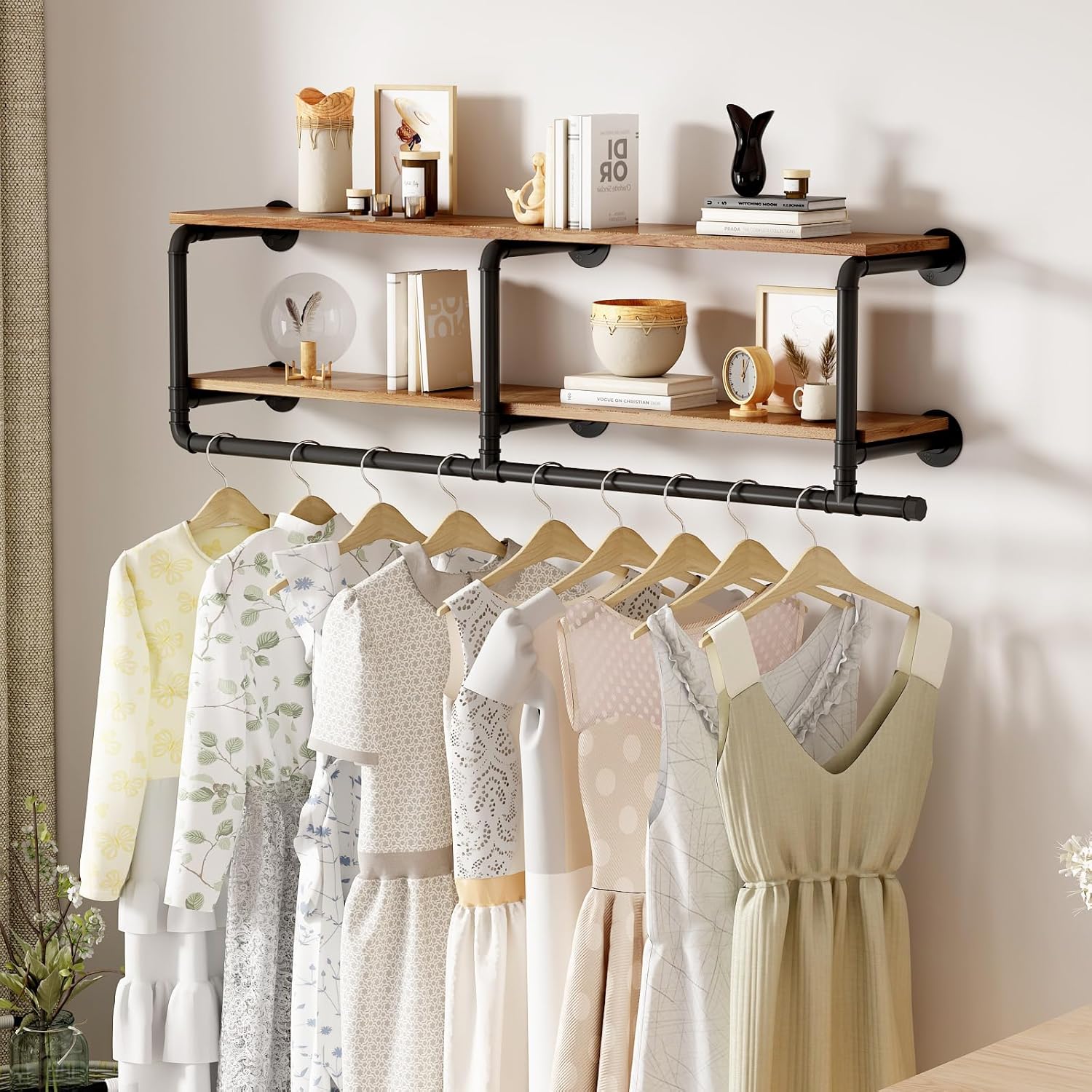 ORSENIGO Industrial Pipe Clothing Rack with Shelves, Black Wall Mounted Clothes Rack Heavy Duty Display Garment Rack for Home Retail