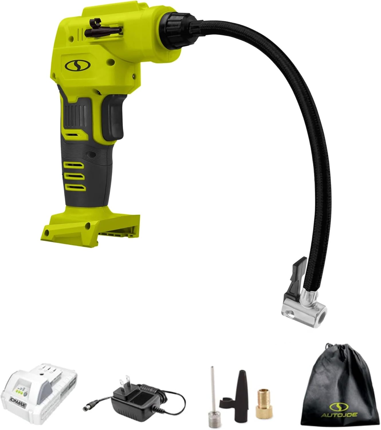 Sun Joe 24V-AJC-AJV-LTE 24V IONMAX High Volume Inflator & Portable Air Compressor Kit, w/ 2.0-Ah Battery + Charger, Storage Bag, 3 Inflation Adapters, and Nozzle Pin Attachments