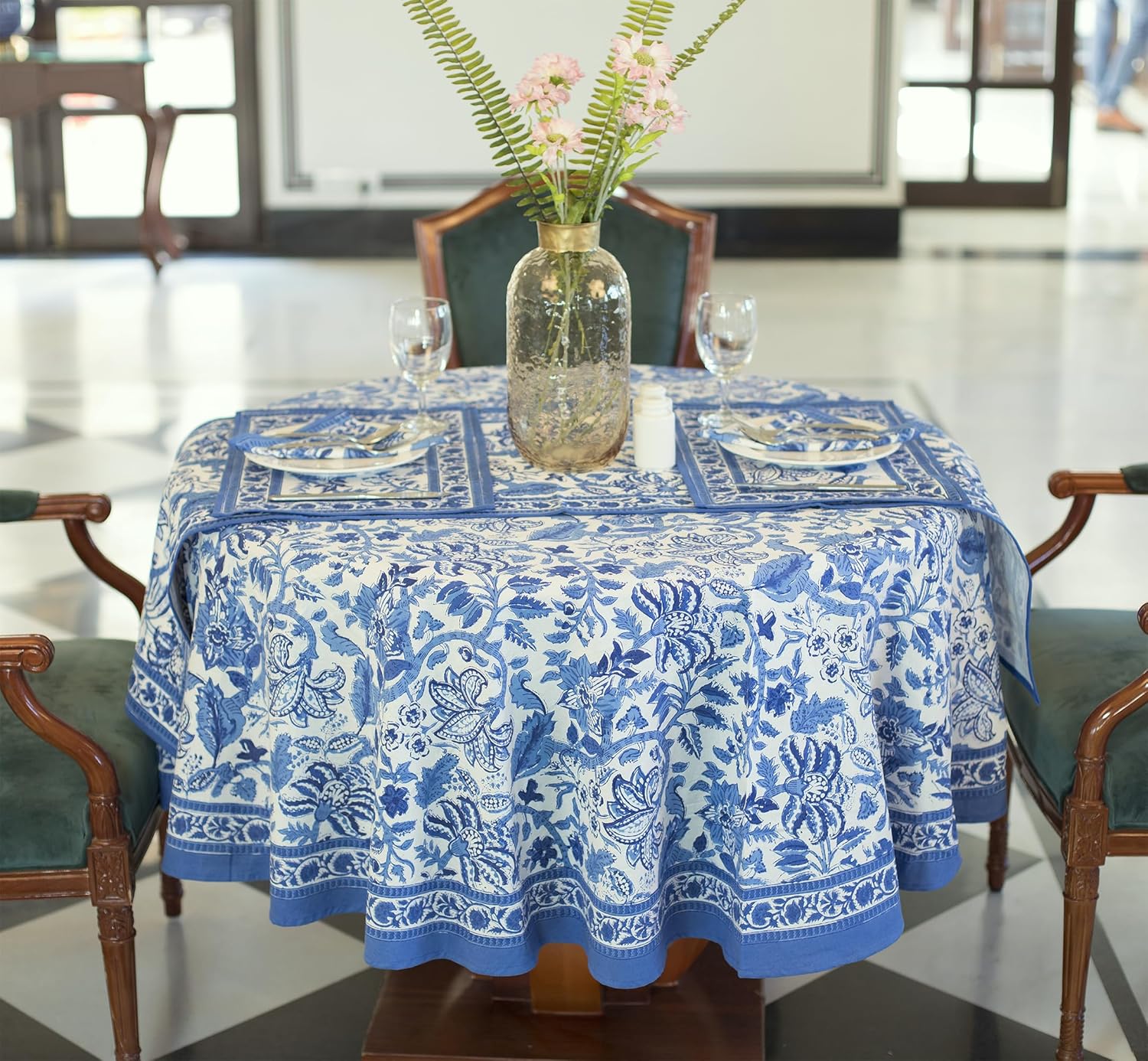 Labhanshi Pink Block Print Round Table Cloth|Indian Round Floral Cotton Table Cover 90 Inch 8-Seater Spring Easter Kitchen Dining Tablecloth|Patio Table Cover for Event Wedding Banquet Parties