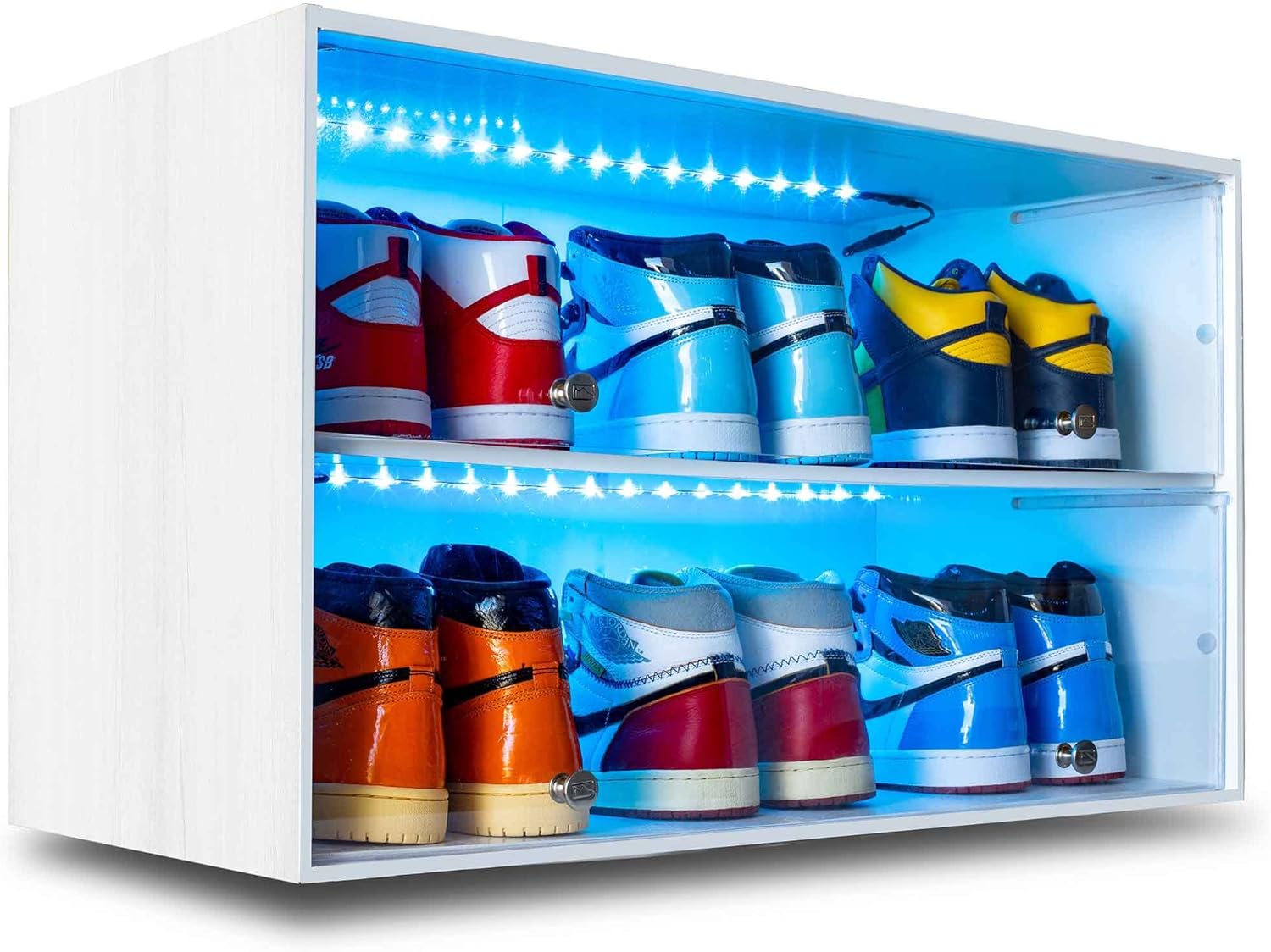 Sneaker Throne Shoe Rack with Lights for Up To 6 Pairs of Shoes, White - Sleek Wood Shoe Shelf with Sliding Doors For Bedrooms, Outdoors, Garages - Premium Shoe Organizers and Storage for Closets
