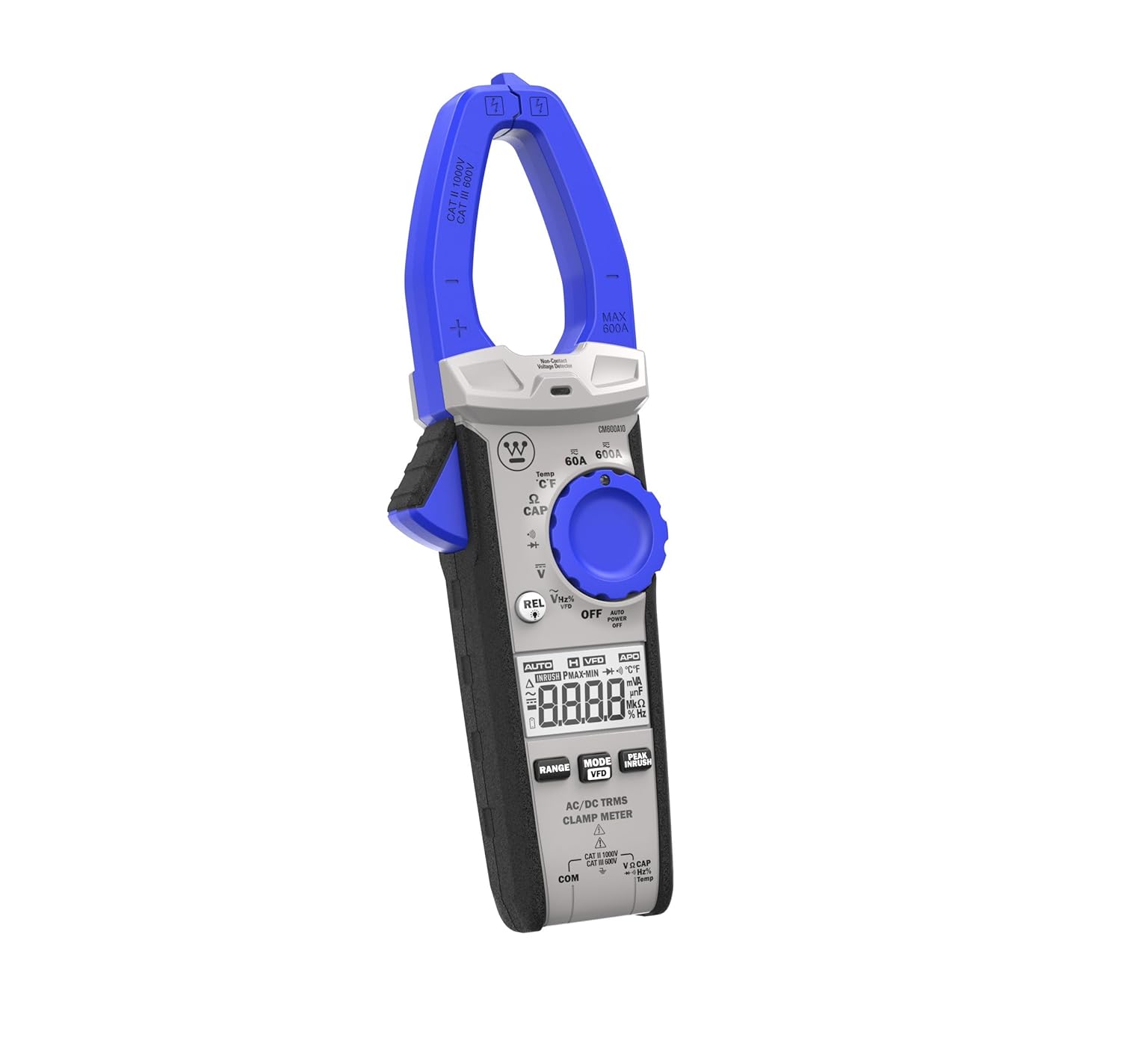 Westinghouse True RMS Digital Auto-Ranging 6000 Counts Clamp Meter, Current to 600 A, AC/DC Voltage to 1000 V, Resistance and Continuity, with Relative Mode and VFD, Incl. Case and 2 Year Warranty
