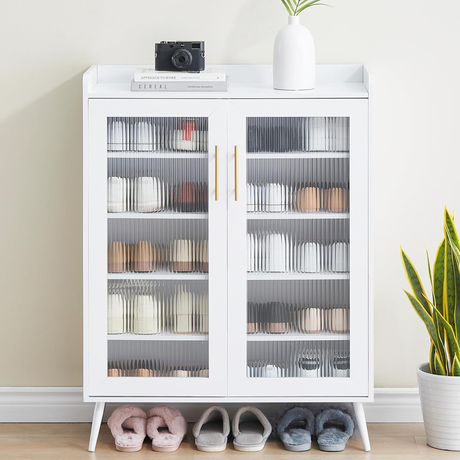 GarveeHome 5-Tier Shoe Cabinet with Glass Doors, Entryway Shoe Organizer with Adjustable Shelves, Spacious Storage for Hallway, Living Room, White