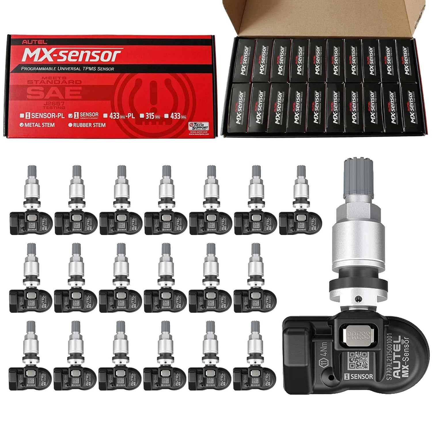 Autel TPMS Sensors, MX Sensor, MaxiTPMS Tire Pressure Sensor, 2 in 1(315MHz + 433MHz) Press-in OE-Level Programmed by TS508 TS408 TS508WF TS608 MS906TS ITS600 MS906PRO-TS (Rubber valves)