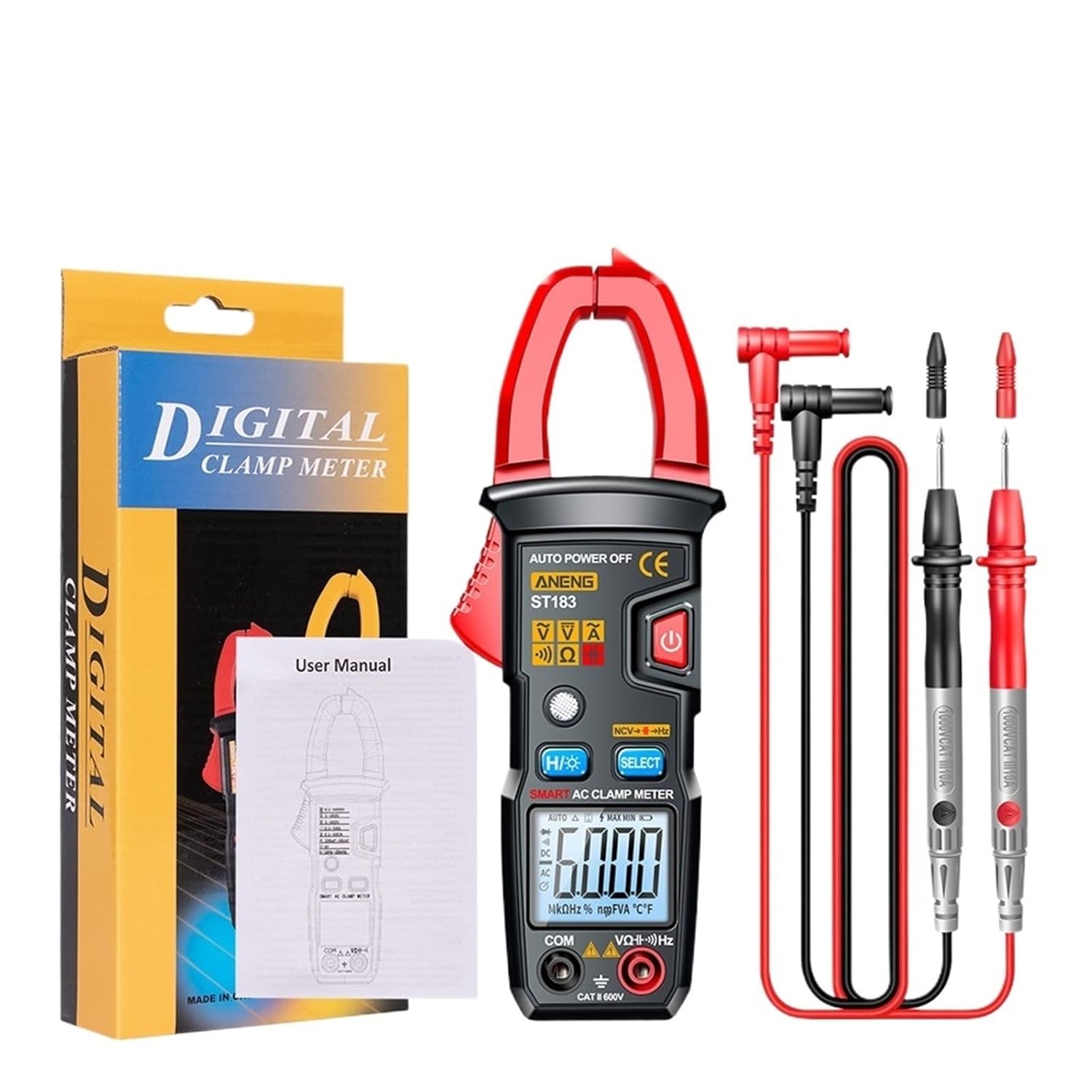 ST183 Digital Clamp Ammeter Pliers AC Current 6000 Counts True RMS DC/AC Voltage Tester Hz Capacitance NCV Ohm Clamp Meter