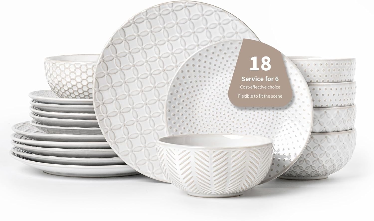 12-Piece Embossed Dinnerware Set–4 Dinner Plates,4 Salad Plates,4 Pasta Bowls,Ceramic, Dishwasher & Microwave Safe,Elegant Rustic Tableware for Family Use