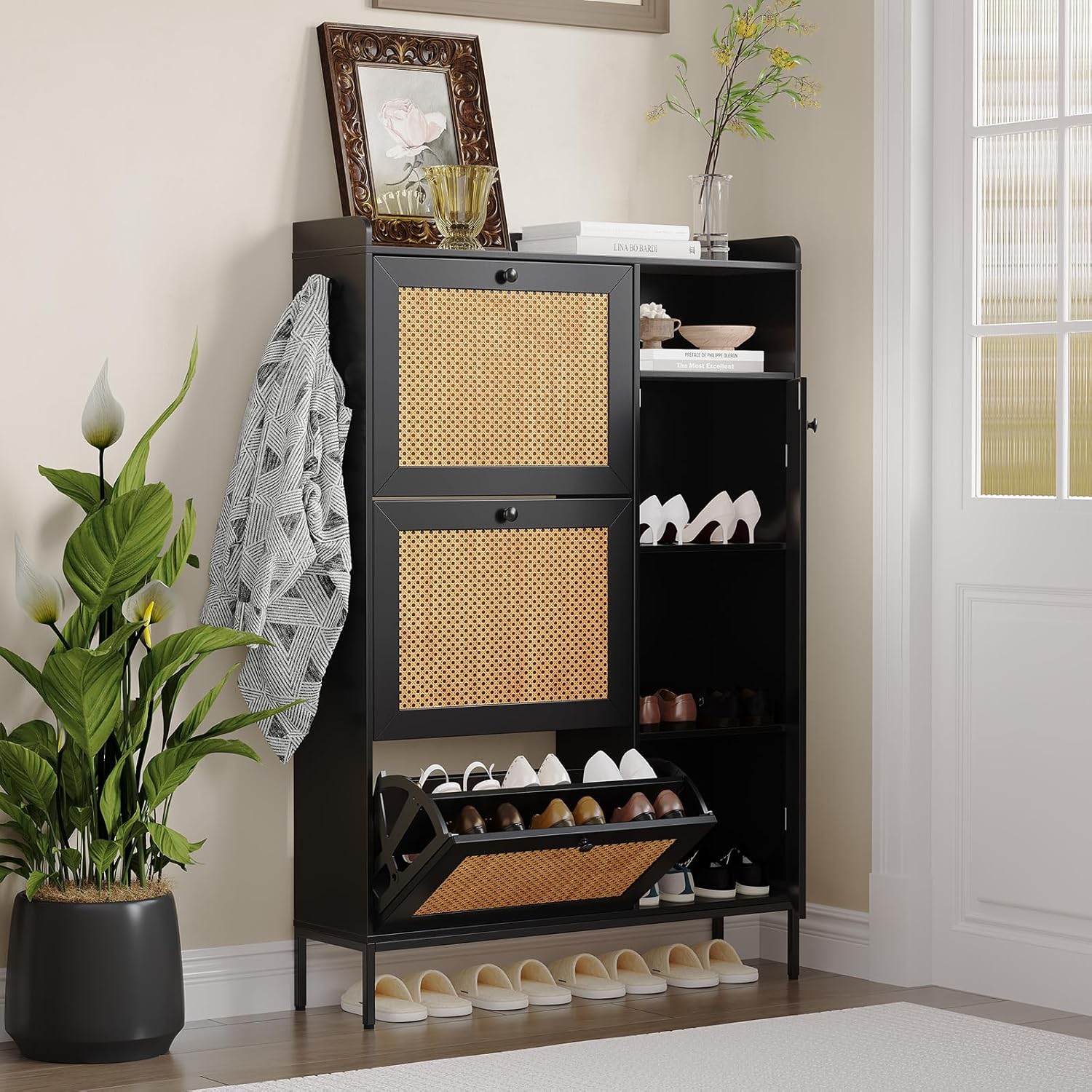 3 Tier Rattan Shoe Cabinet with Flip Out Drawers, Free Standing Narrow Shoe Cabinet with Adjustable Shelves, Top Grate, Shoe Rack Cabinet for Entryway, Wood
