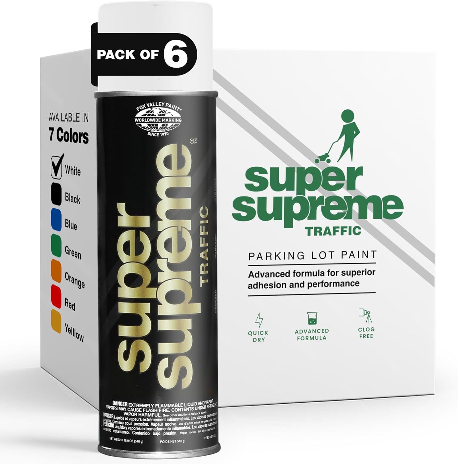 Fox Valley Super Supreme Traffic Marking Spray Paint – Fast-Drying, Long Lasting, Durable & Weather-Resistant - Marking Paint for Roads, Parking Lots, Sidewalks & Factory Floors, 18oz (6-Pack, White)