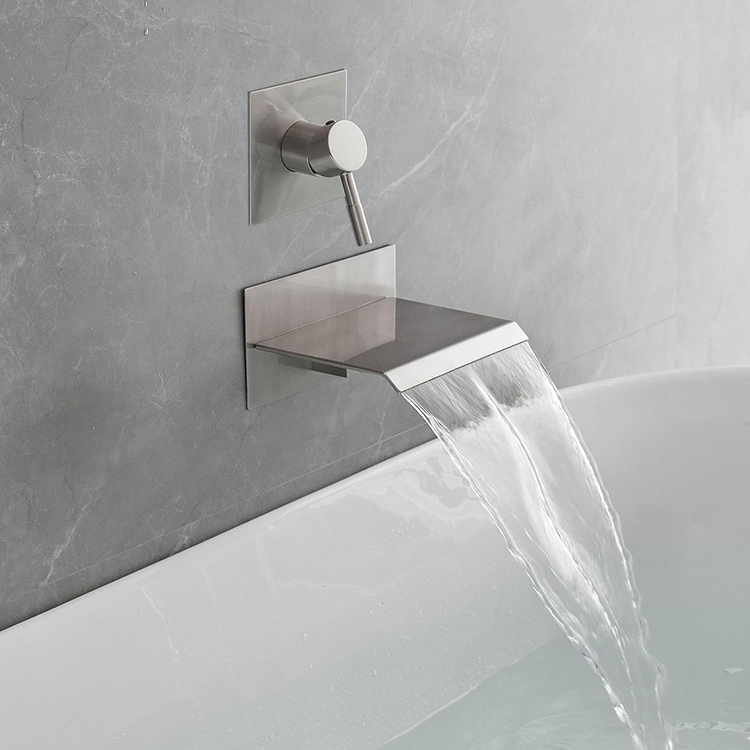 Wall Mount Tub Filler Bathtub Faucet High Flow Single Handle Shower Faucets Waterfall Tub Spout Rough in Valve Bathroom Sink Faucet Brushed Nickel