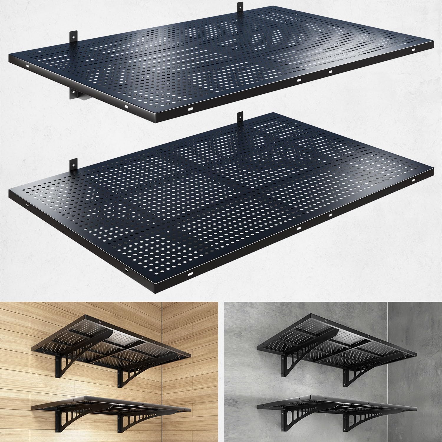 2-Pack 1.5x4ft Heavy Duty Garage Wall Shelving, 500 lbs Load Capacity, Garage Shelving Wall Mounted, Garage Storage Rack with Hooks, Black