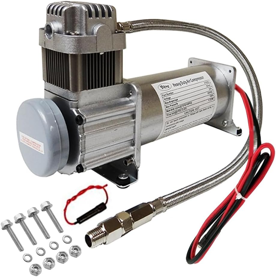 Universal Heavy-Duty Air-Compressor, 200-PSI 12-Volts 100% Duty-Cycle for Train-Air-Horns, Air-Suspension Systems, On Board Air Pressure system, Air Bags suspension, and Much More