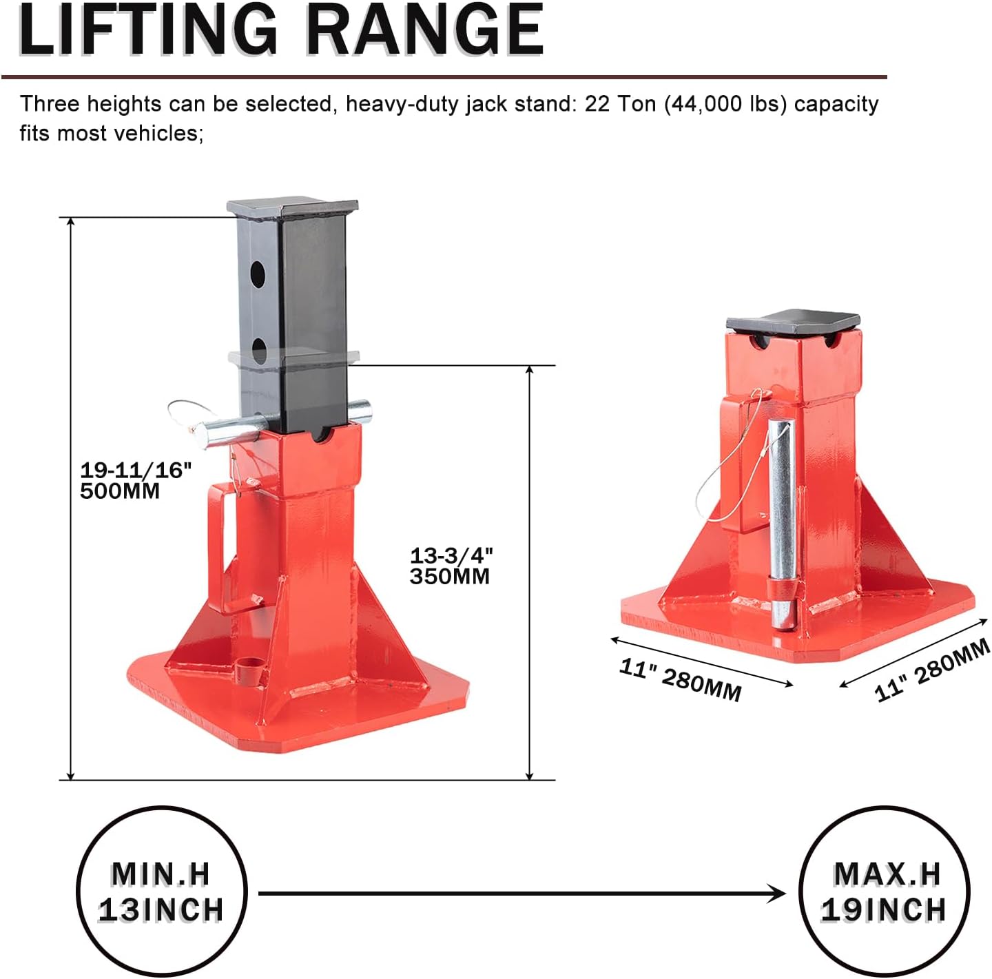 22 Ton (44,000 lbs) Heavy Duty Pin Type Professional Car Jack Stands with Lock Adjustable Height to 19.75