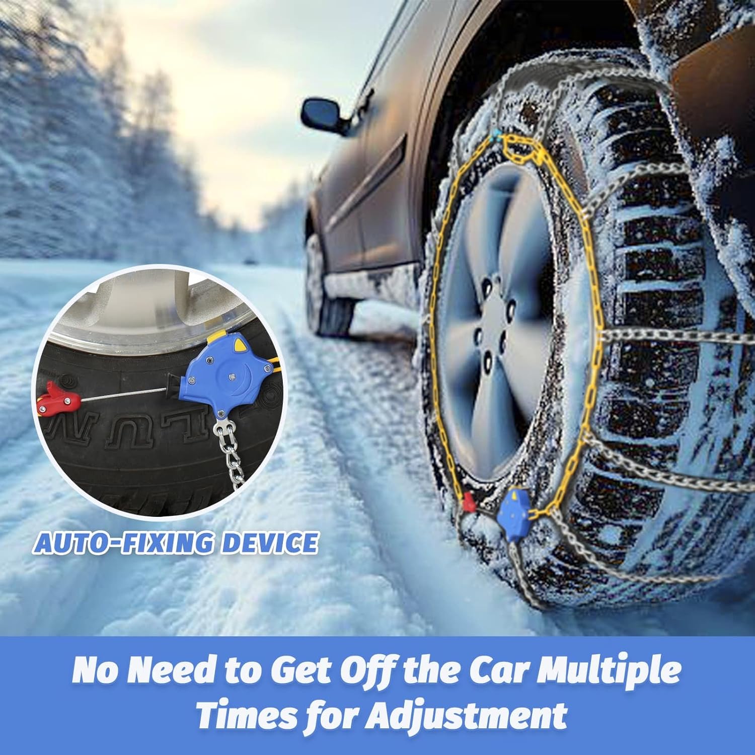 Auto Fixing Snow Chains, 2 x 12 mm, 30s Quick Installation of Tire Chains with Automatic Tensioner, Universal Emergency Tire Traction Chain for Cars, Pickups, and SUVs (HLN 150)