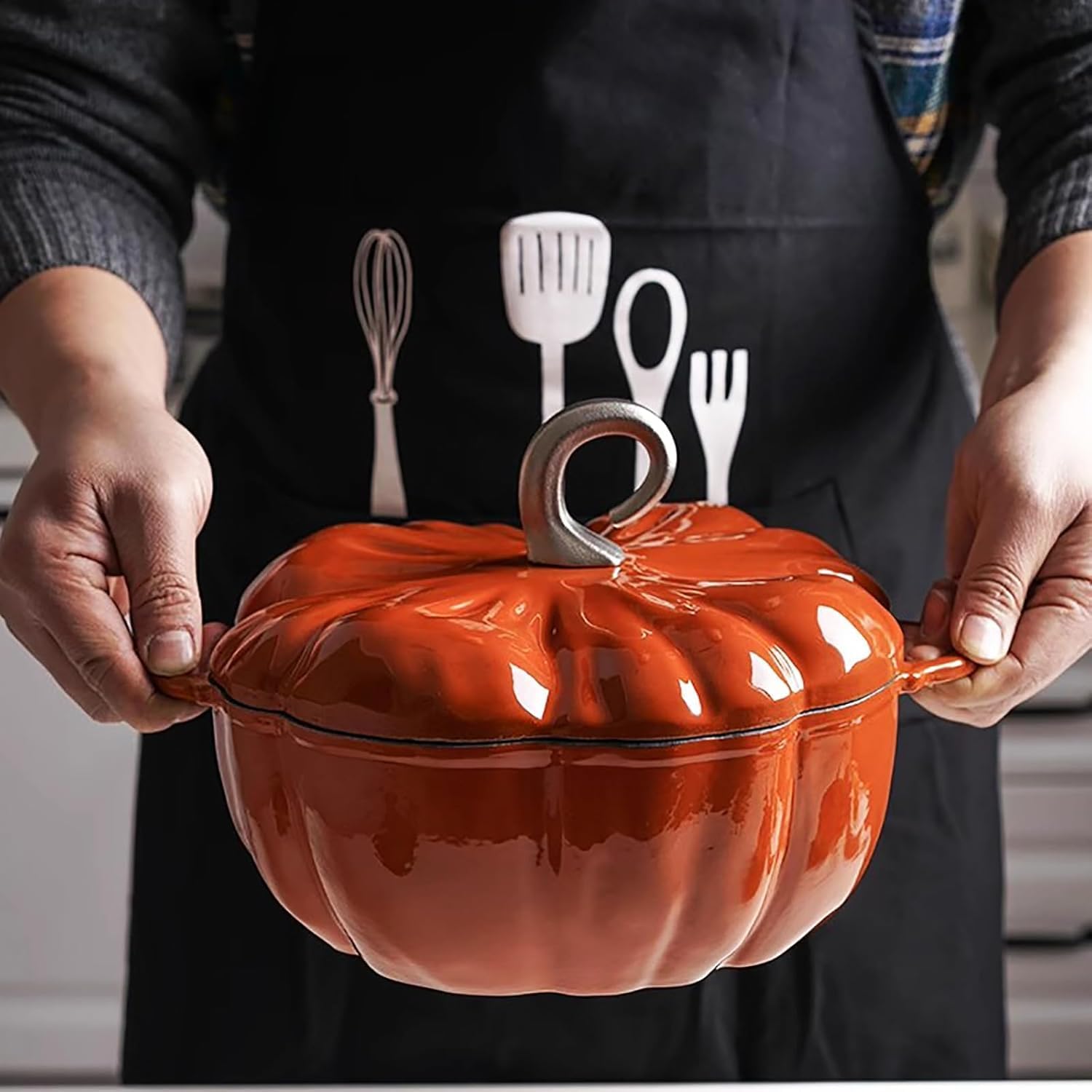 Pumpkin Dutch Oven with Lid, 4 Qt Enameled Cast Iron Pot - Non-Stick, Oven Safe, for Cooking, Soups & Stews, Serves 3-5, Halloween & Thanksgiving Decor Gift (Orange)