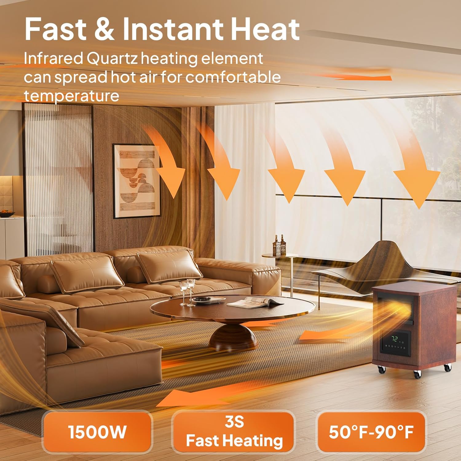 ROVSUN Electric Space Heater with Remote Control, 1500W Portable Quartz Infrared Heaters with Wheels, 12H Timer, 3 Heating Modes, Tip-Over & Overheat Protection, for Indoor Use, Basement, Large Room