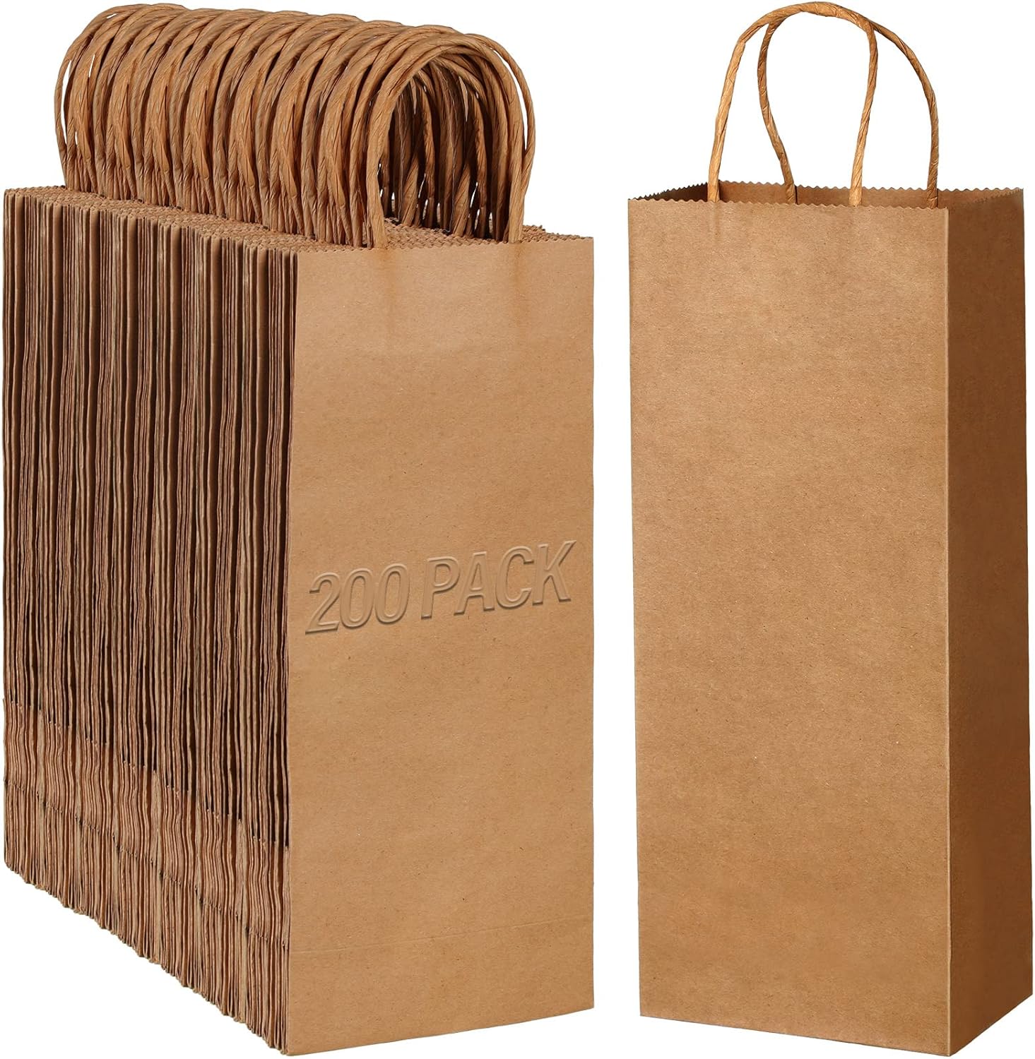 Handepo 200 Pieces Paper Wine Bags Kraft with Convenient Handles 13 x 5.3 x 3.3 Inch Gift Tote Shopping Bags for Small Business Wine Gift Wrap (Brown)