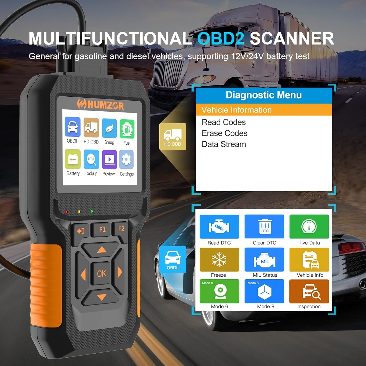 Heavy Duty Truck Scanner,Full System Diesel Diagnostic Scan Tool and Code Reader for Cummings, Detroit,Freightliner,International,Paccar,Check Truck Engine and Car 2 in 1 Code Reader/OBD2 Scanner