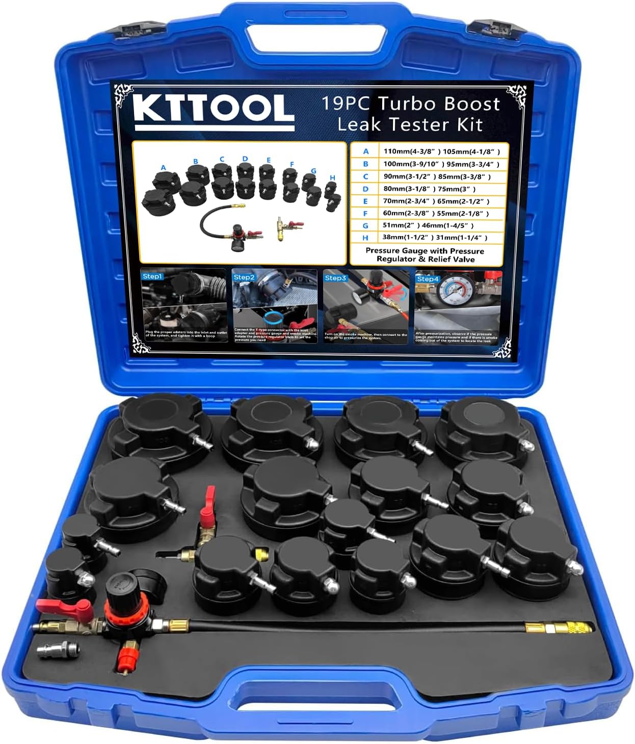 19PC Turbo Boost Leak Tester Kit, Boost Leak Test Set w Smoke Adpt Turbo System Pressure Leakage Tester 8 Pairs of Stepped Adapters 1-1/4” to 4-3/8