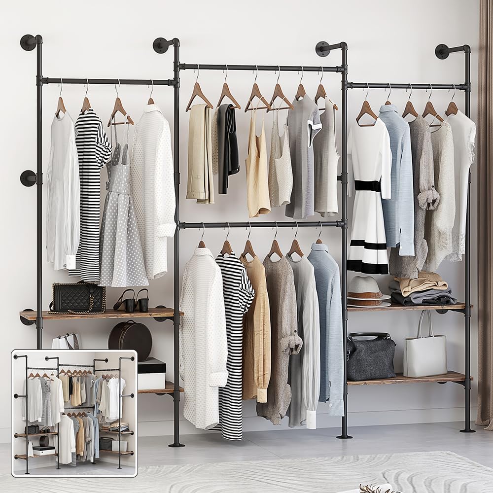 Industrial Pipe Clothes Rack,Wall Mounted Closet Wardrobe Rack, Corner L Shaped Walk-in Closet System, 2 Installation Methods (Gold, 80