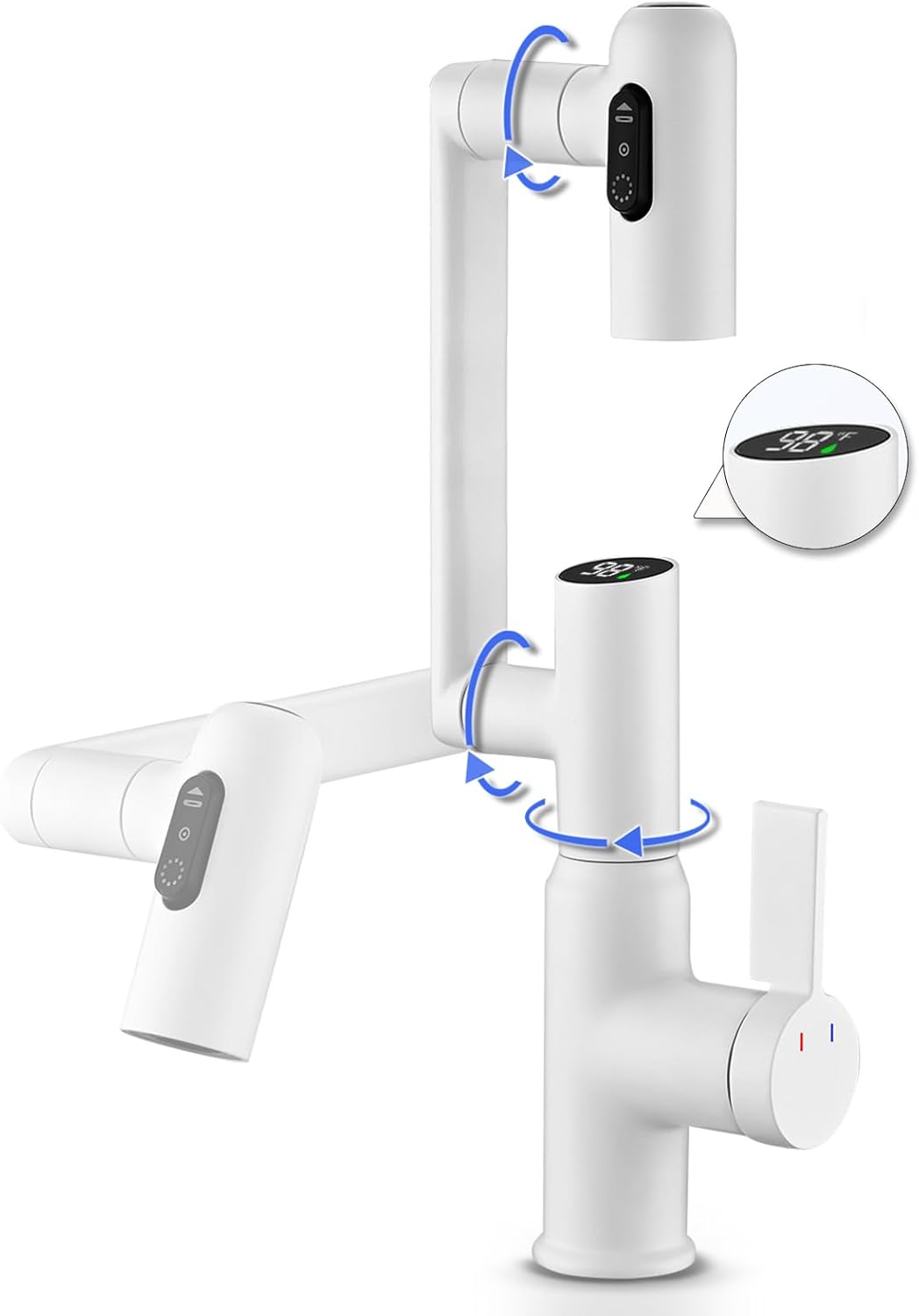 Rotatable Bathroom Faucet with Temperature Display in Fahrenheit(Batteries-Free), Height Adjustable Sink Smart Faucet with 3 Water Settings for Bathroom RV Lavatory Vanity Sink, LCF-2401, White